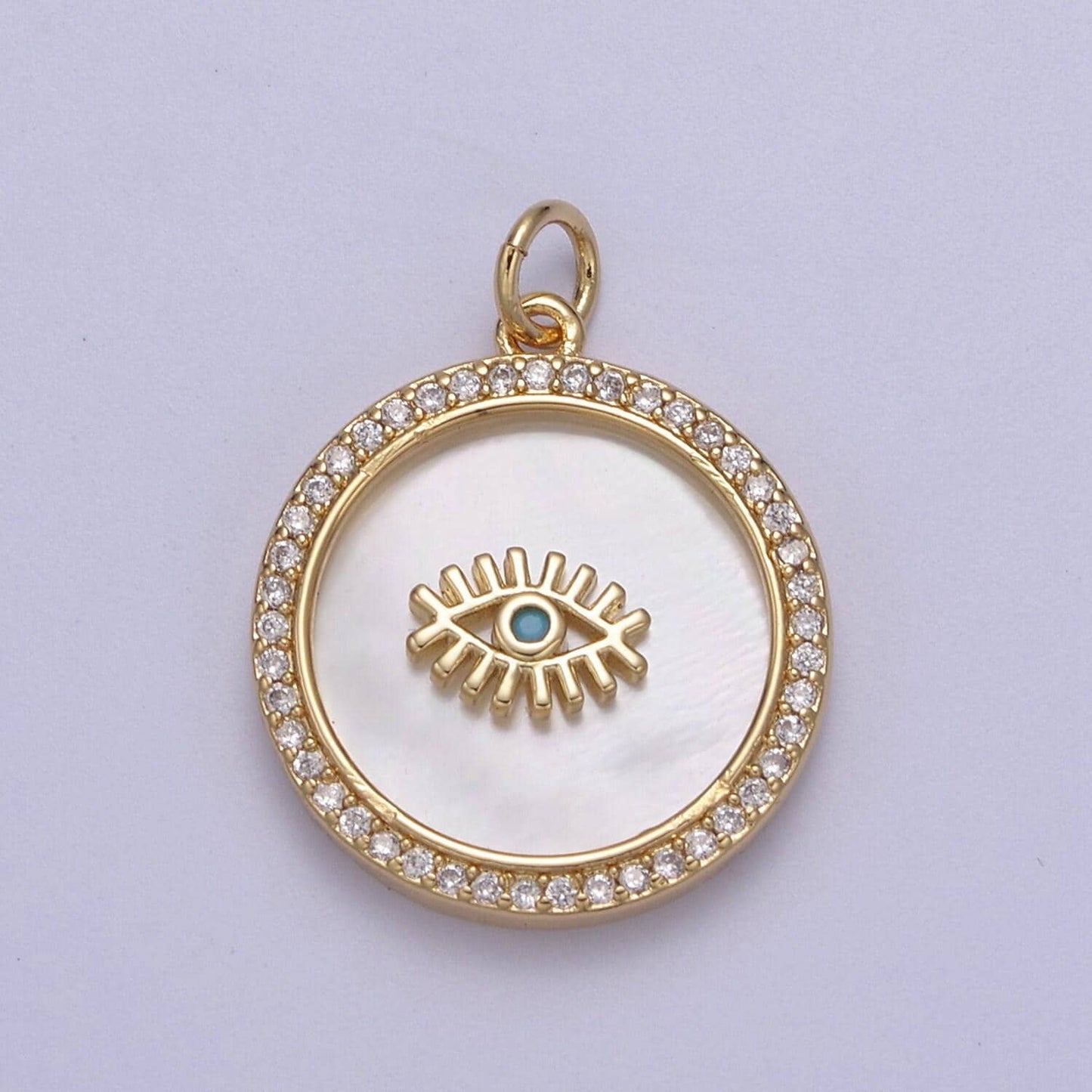 14k gold filled medallion charm mother of pearl, micro pave evil eye pendant for minimalist jewelry
