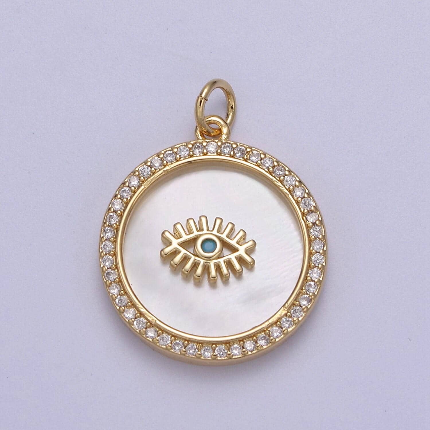 14k gold filled medallion charm mother of pearl, micro pave evil eye pendant for minimalist jewelry