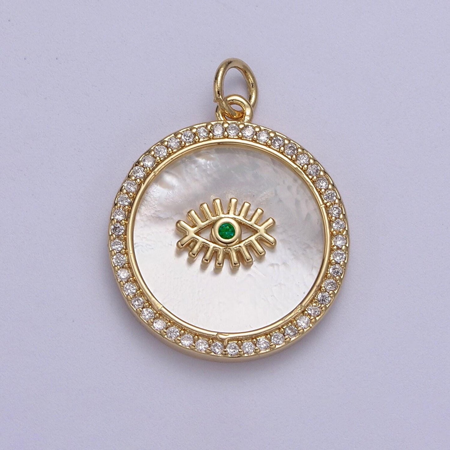 14k gold filled medallion charm mother of pearl, micro pave evil eye pendant for minimalist jewelry