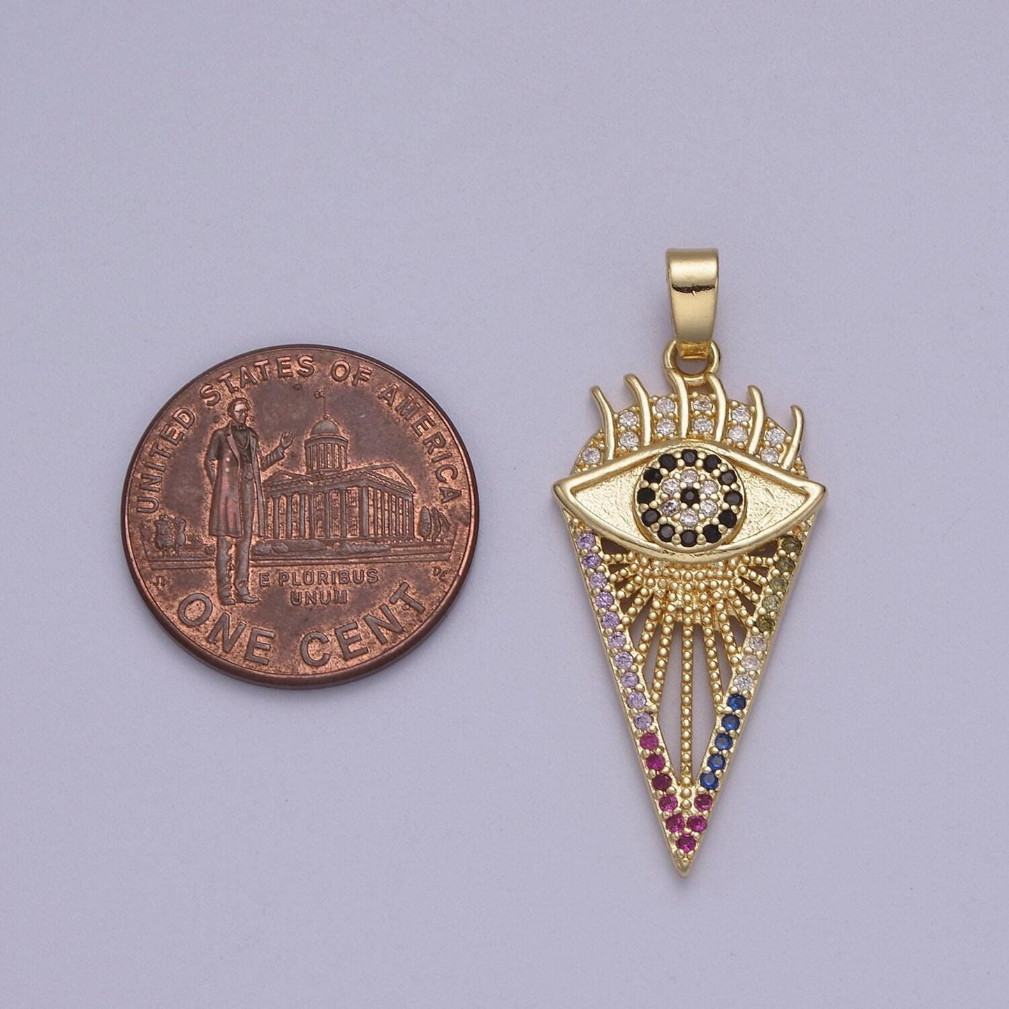 Cubic triangle pendant with evil eye multi colored cz pave 14k gold filled | diy charm necklace bracelet earring | n-597