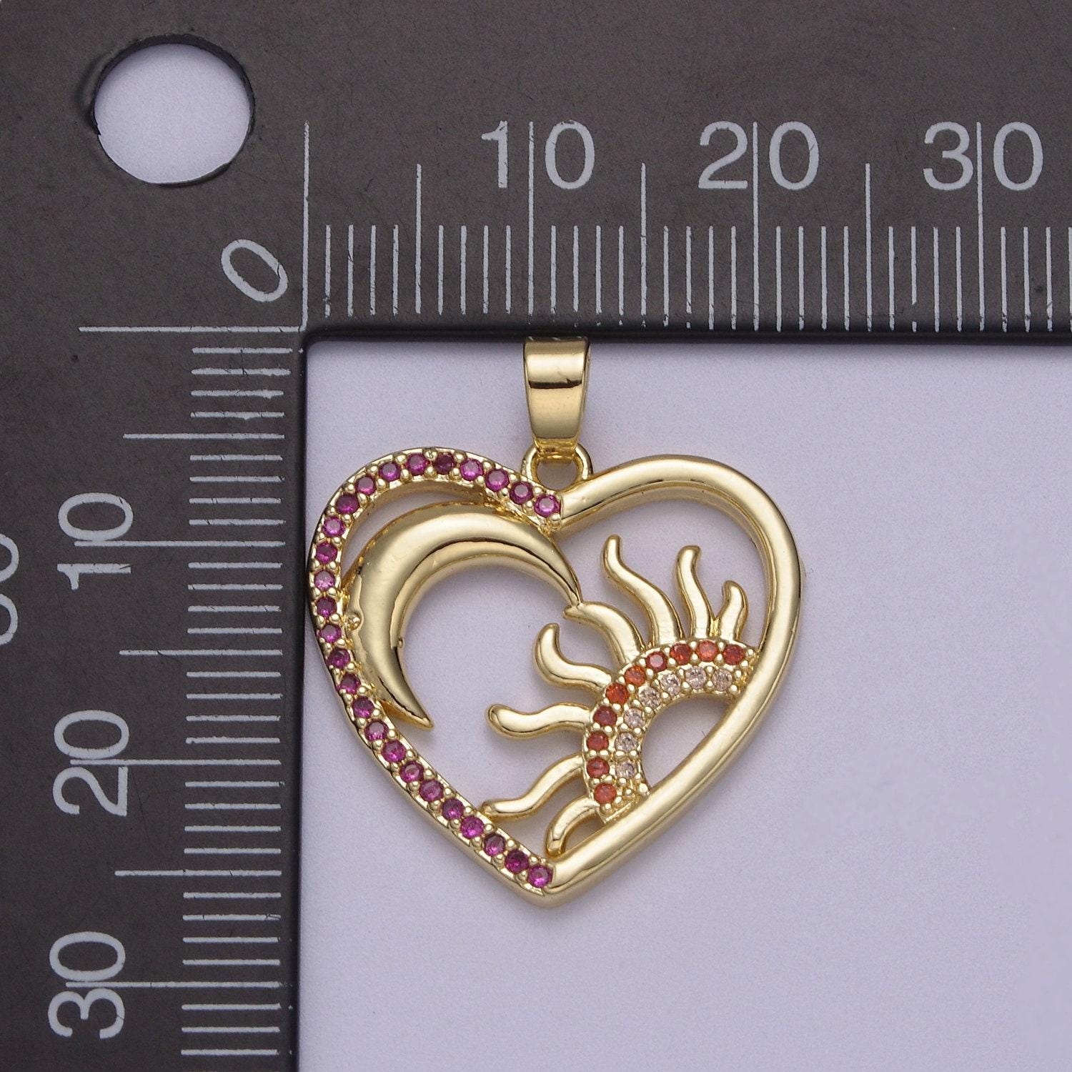 Dainty heart pendant with crescent moon & shining sun 14k gold filled micro pave | diy jewelry charm necklace bracelet earring | n-594