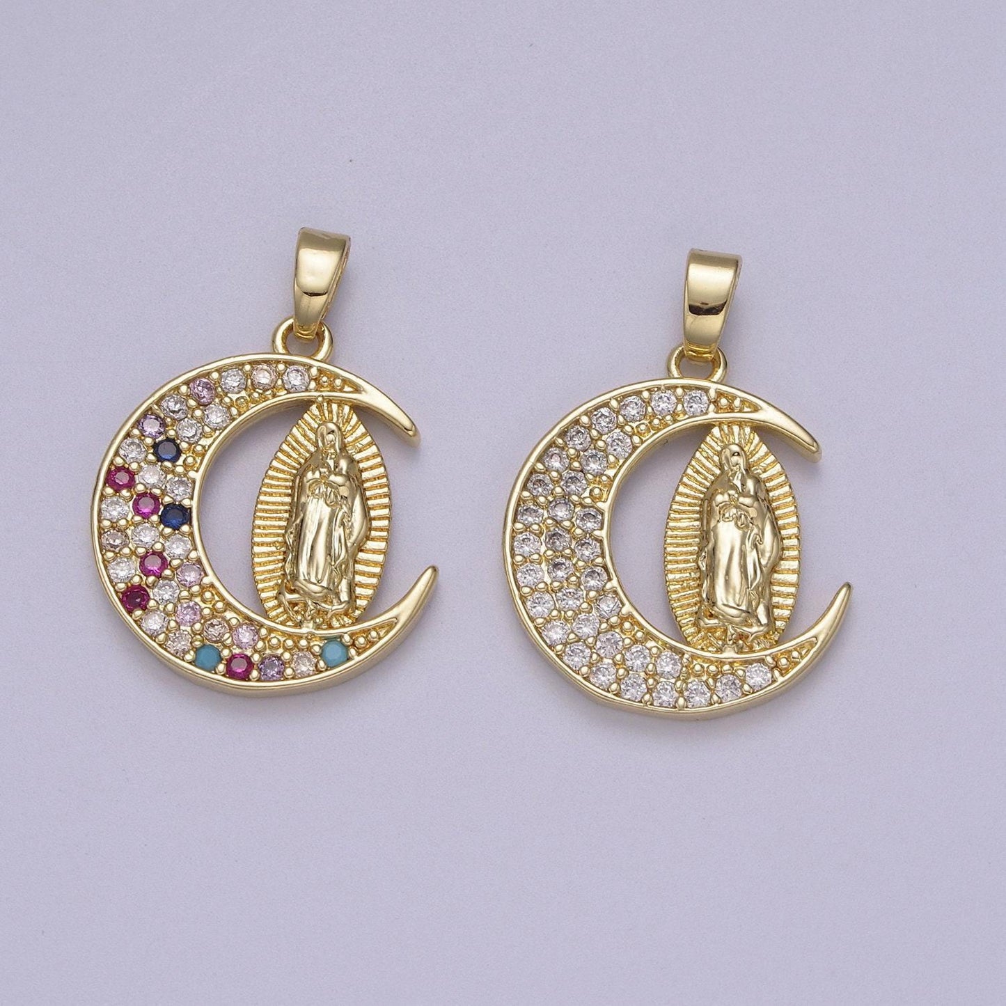 Dainty crescent moon with virgin mary pendant in clear or multi color cz 14k gold filled | diy fashion charm necklace bracelet | n-588 n-589