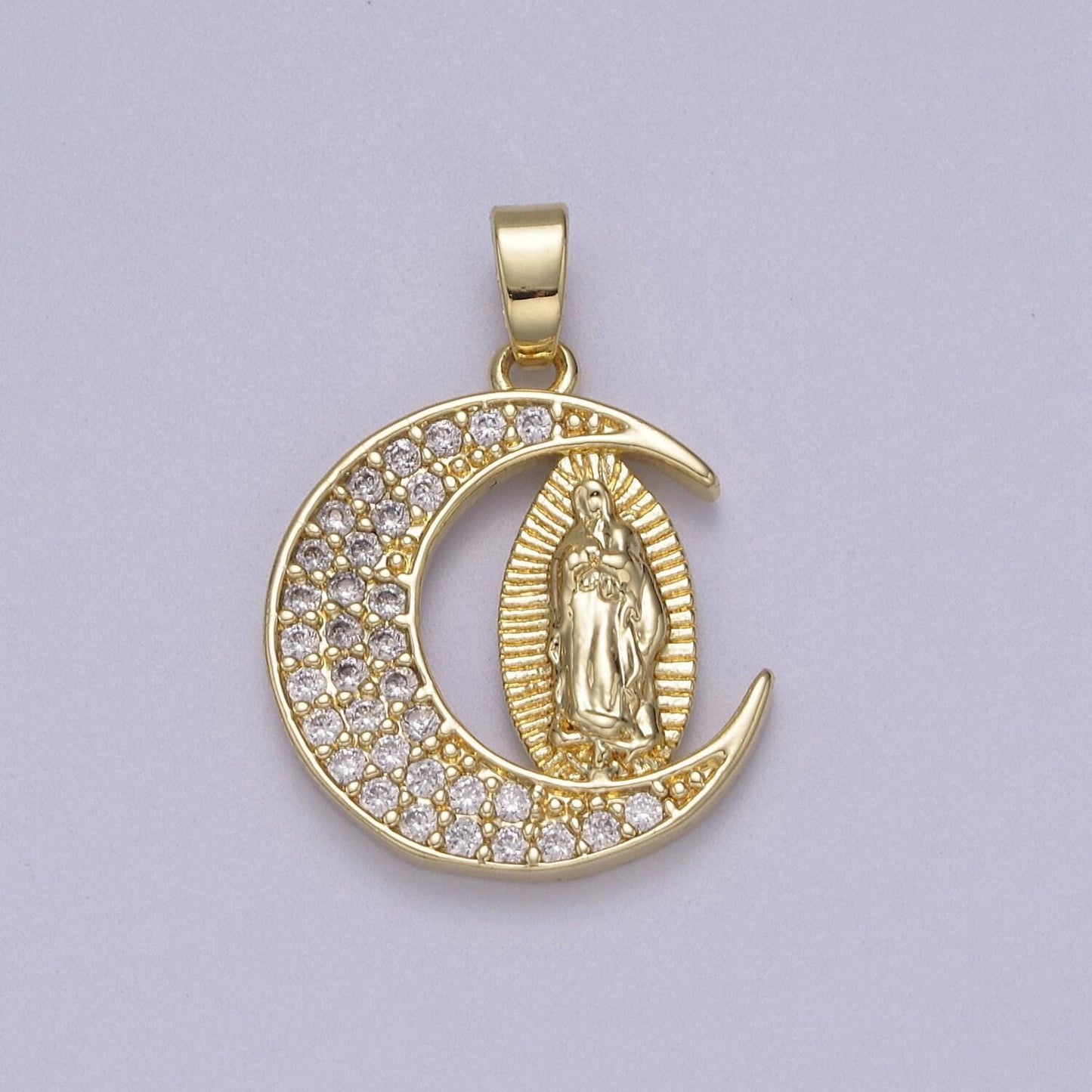 Dainty crescent moon with virgin mary pendant in clear or multi color cz 14k gold filled | diy fashion charm necklace bracelet | n-588 n-589