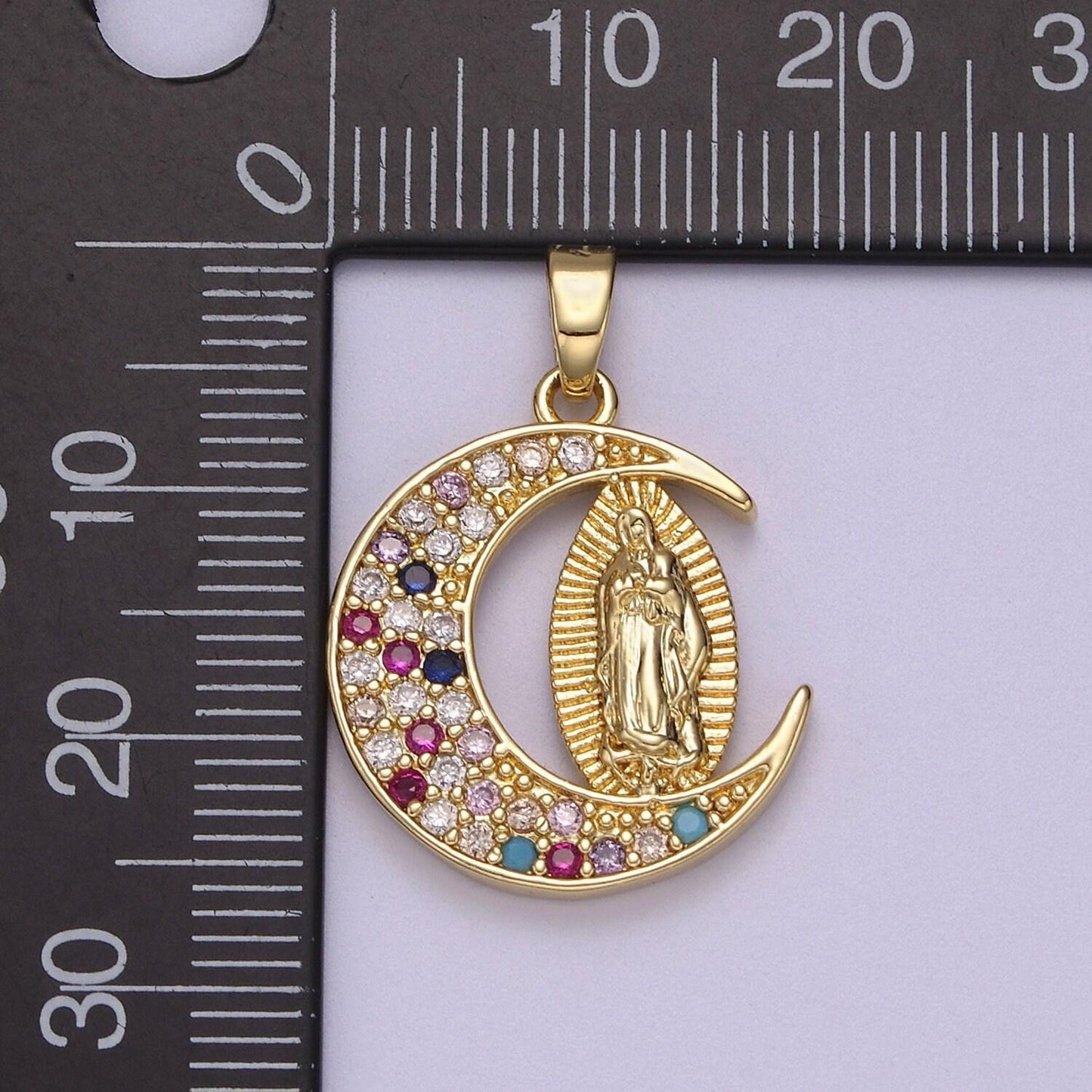 Dainty crescent moon with virgin mary pendant in clear or multi color cz 14k gold filled | diy fashion charm necklace bracelet | n-588 n-589