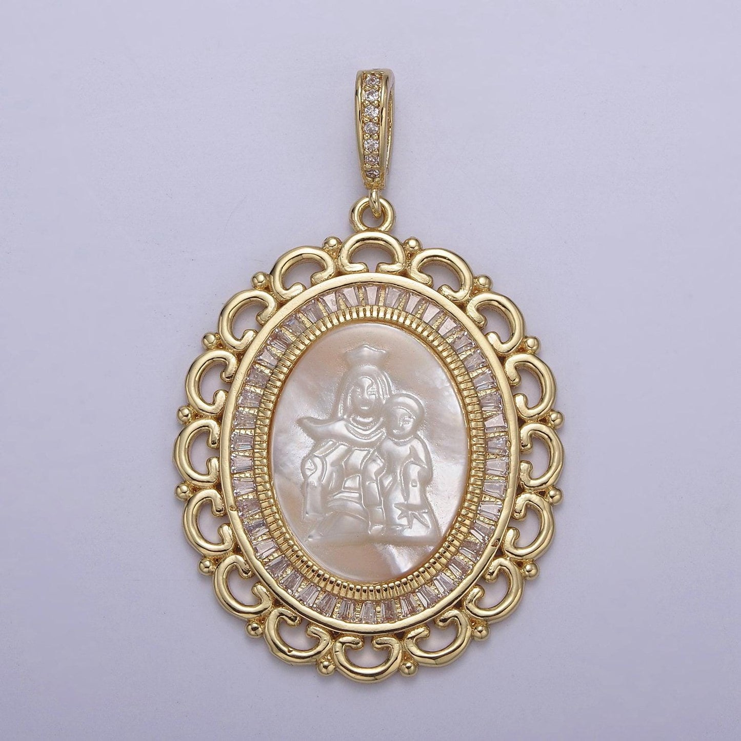 Bold cz baguette paved lady guadalupe holding baby jesus oval pendant ornate virgin mary on pearl religious diy charm supply| n-563