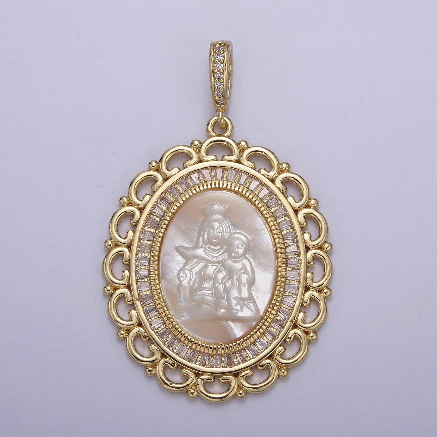 Bold cz baguette paved lady guadalupe holding baby jesus oval pendant ornate virgin mary on pearl religious diy charm supply| n-563