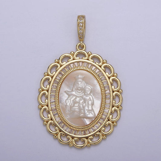 Bold cz baguette paved lady guadalupe holding baby jesus oval pendant ornate virgin mary on pearl religious diy charm supply| n-563
