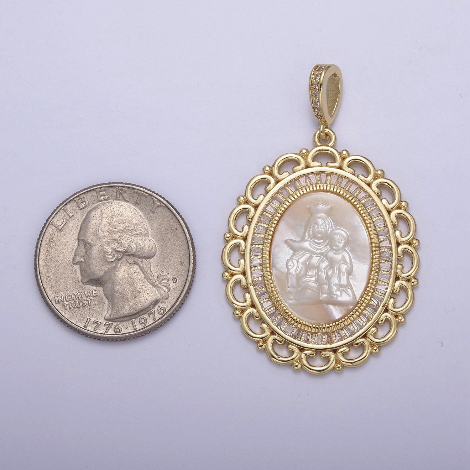 Bold cz baguette paved lady guadalupe holding baby jesus oval pendant ornate virgin mary on pearl religious diy charm supply| n-563