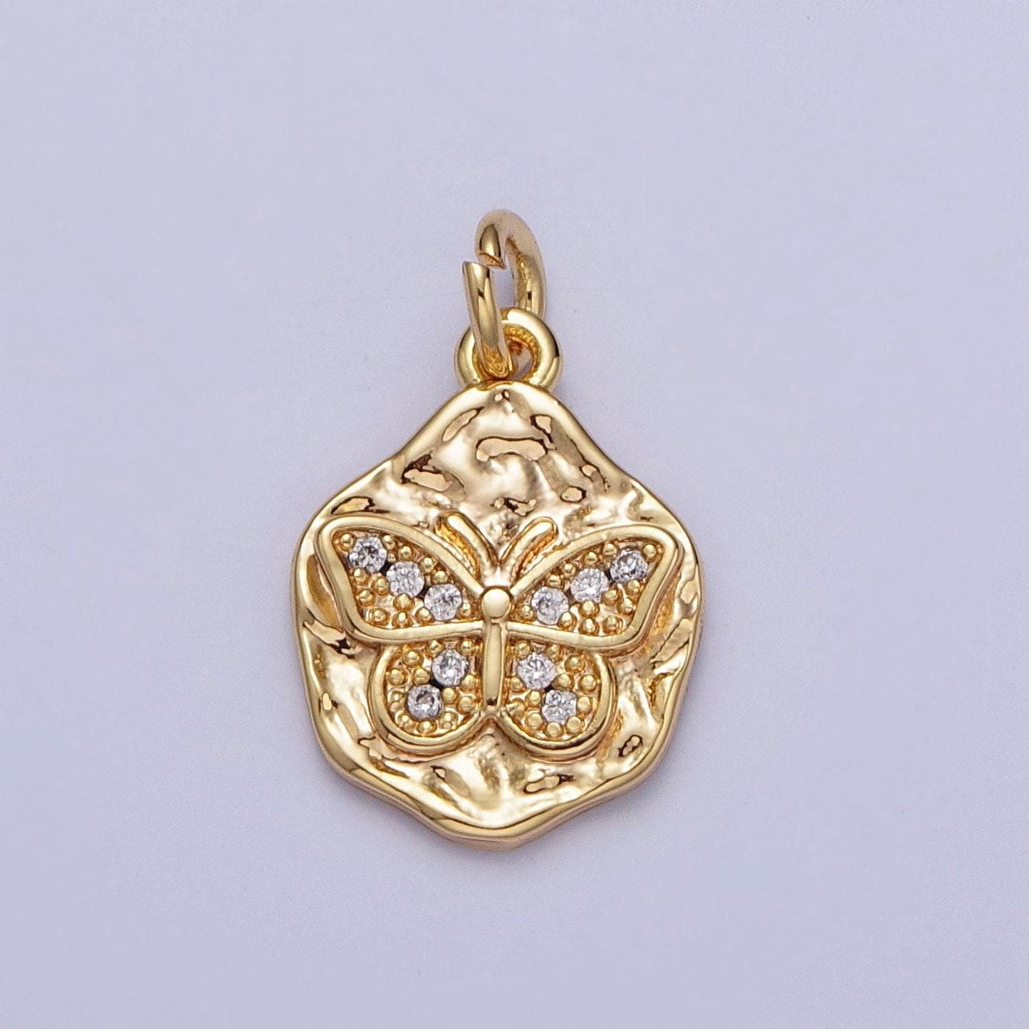 Mini 16k gold filled micro paved cz butterfly hammered charm | n-559