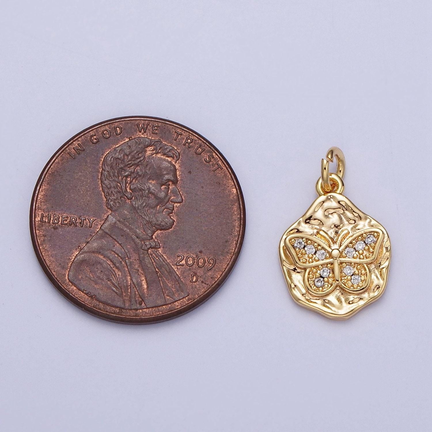 Mini 16k gold filled micro paved cz butterfly hammered charm | n-559