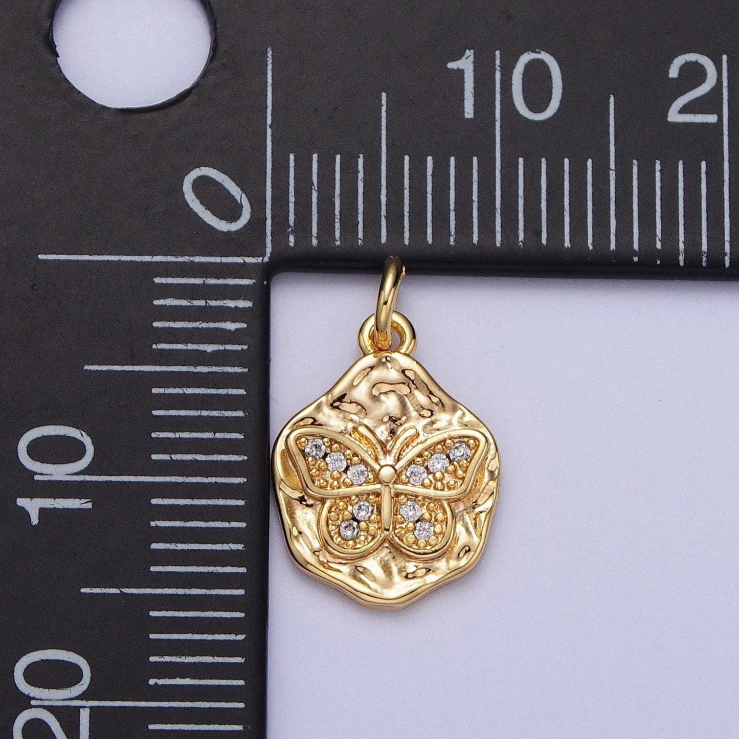 Mini 16k gold filled micro paved cz butterfly hammered charm | n-559