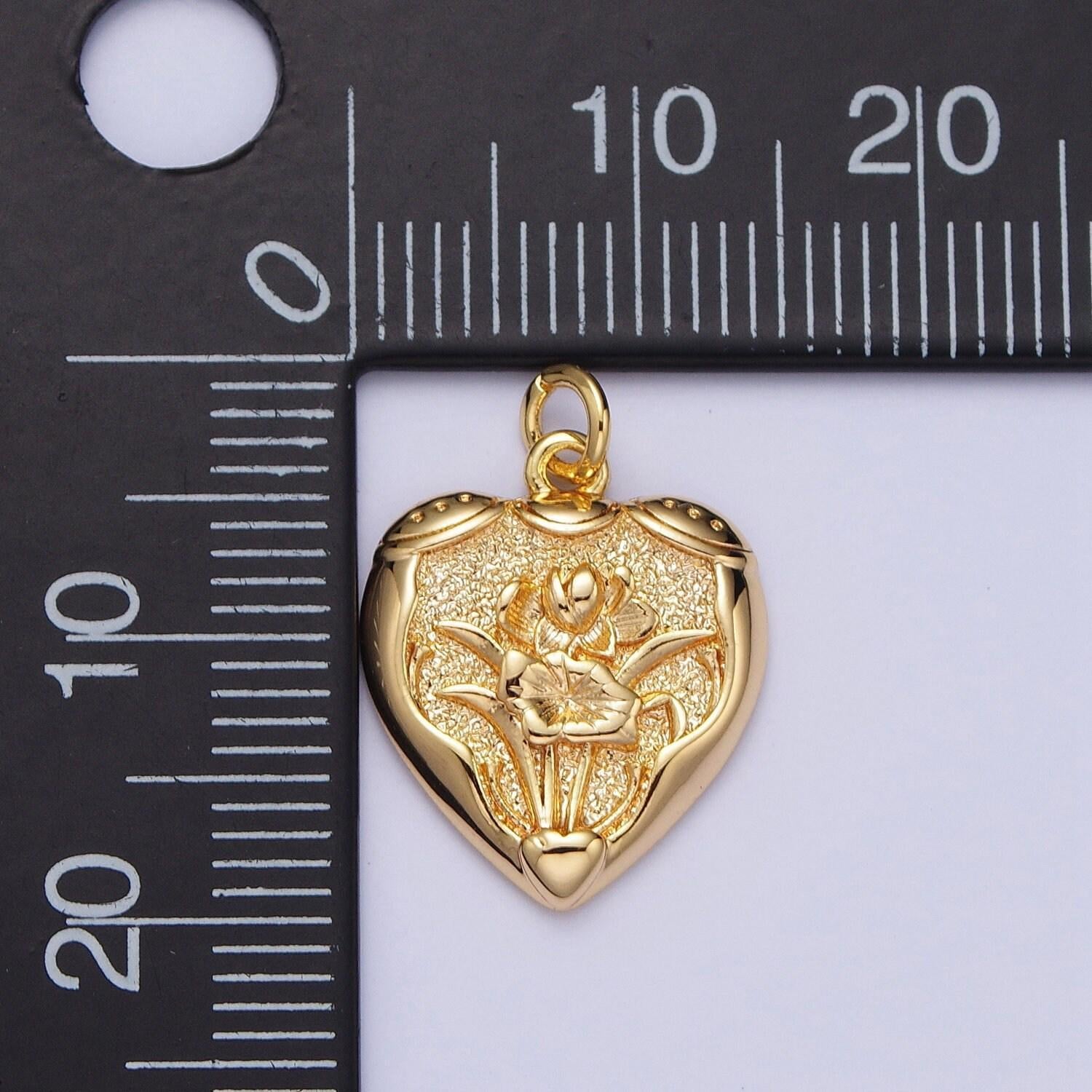 16k gold filled flower engraved textured heart charm | n-533