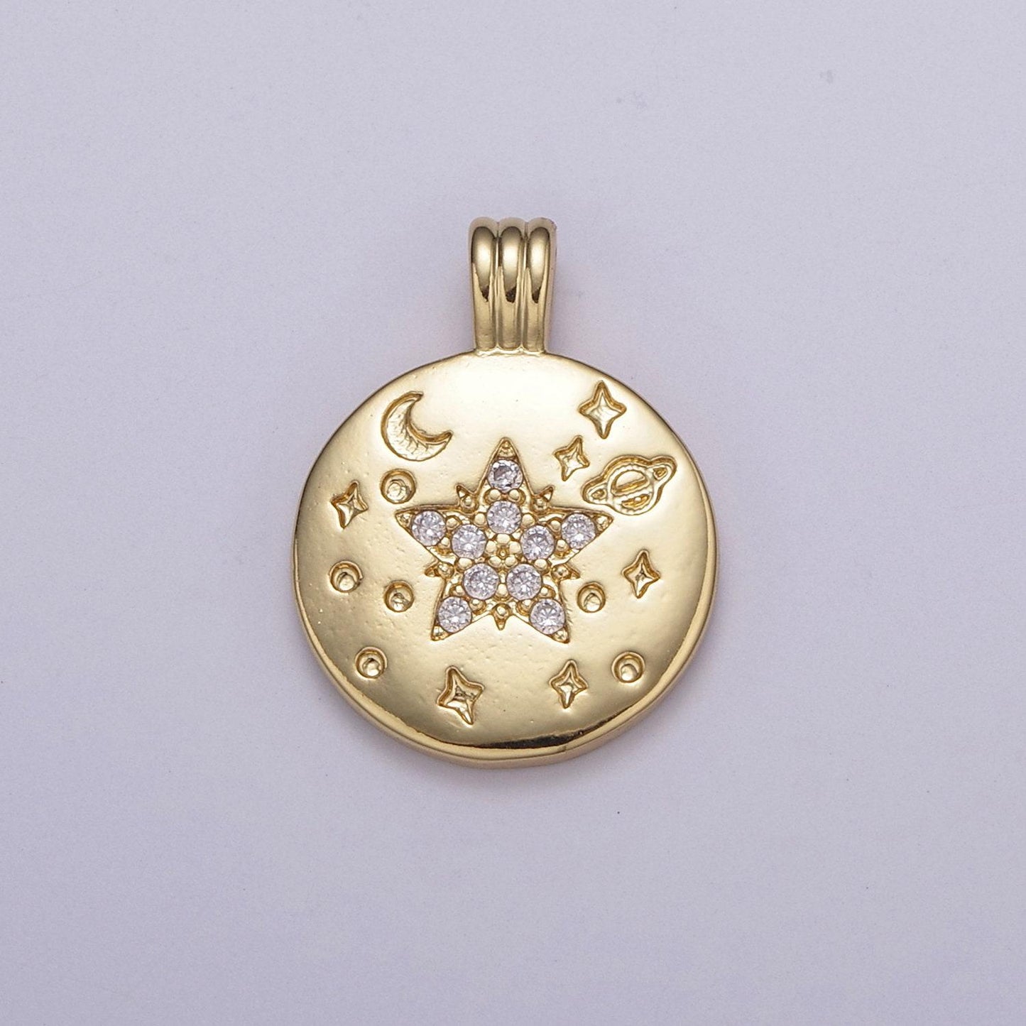 Micro pave cz star pendant gold charm, star orbit galaxy, world celestial crescent moon diy jewelry necklace n523