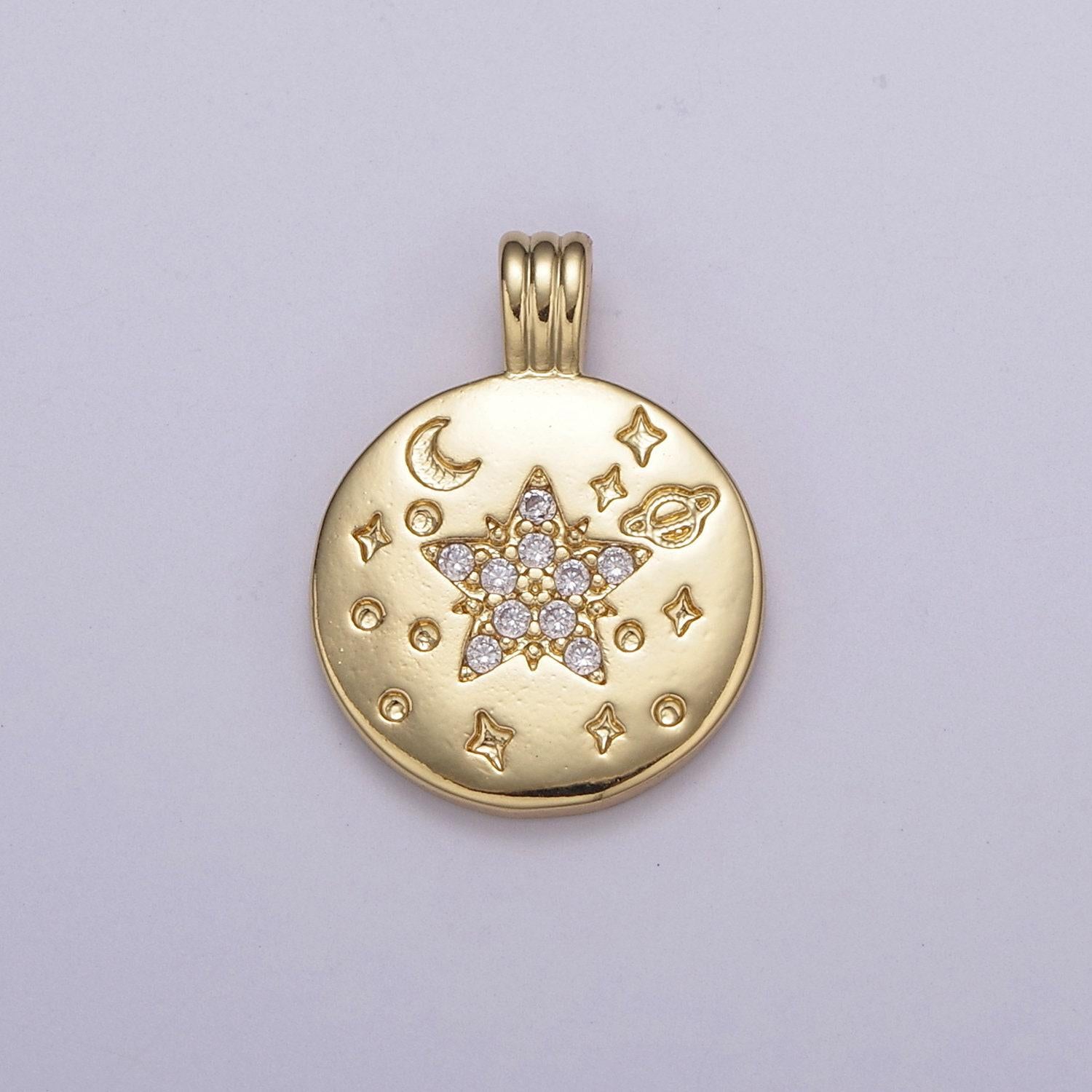 Micro pave cz star pendant gold charm, star orbit galaxy, world celestial crescent moon diy jewelry necklace n523