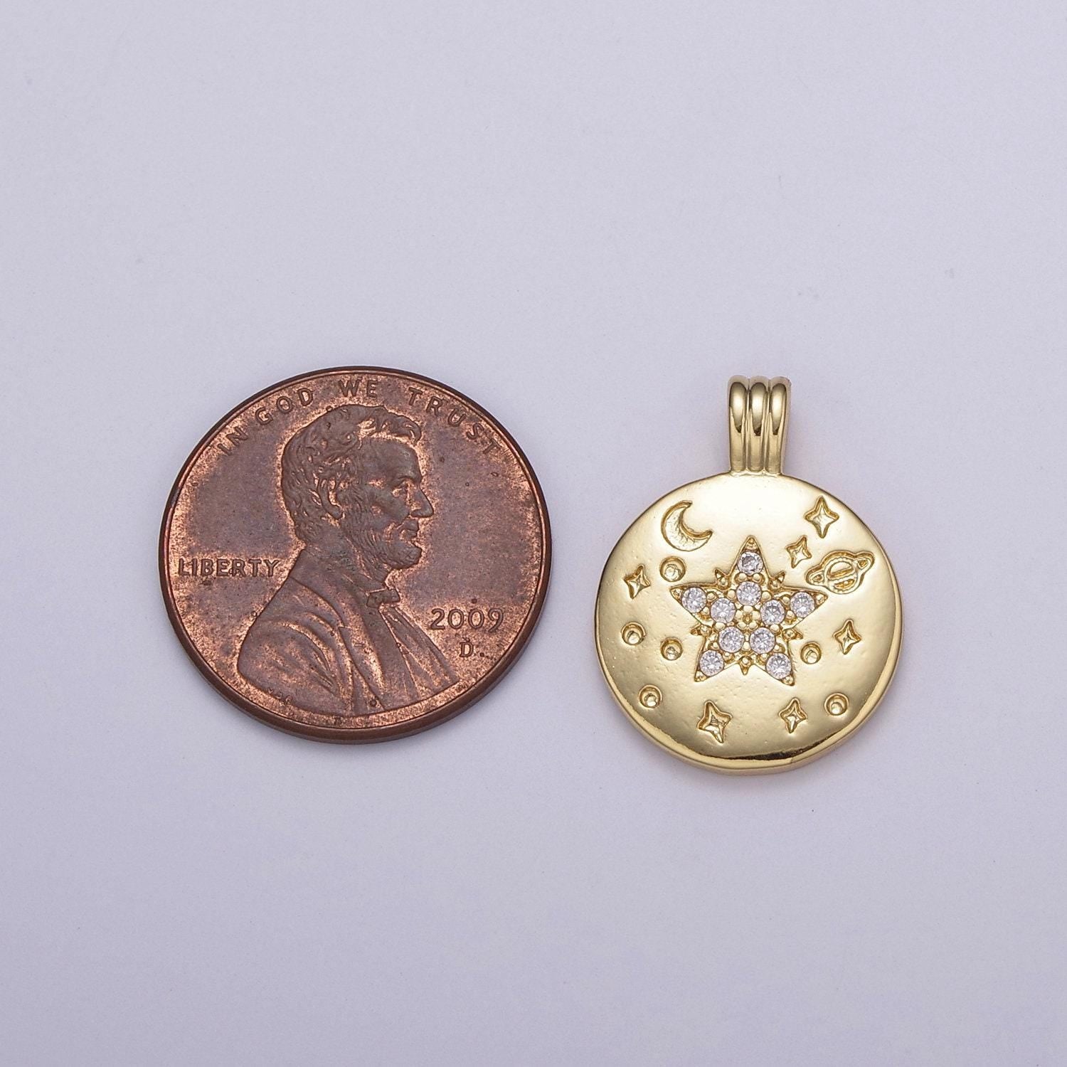 Micro pave cz star pendant gold charm, star orbit galaxy, world celestial crescent moon diy jewelry necklace n523