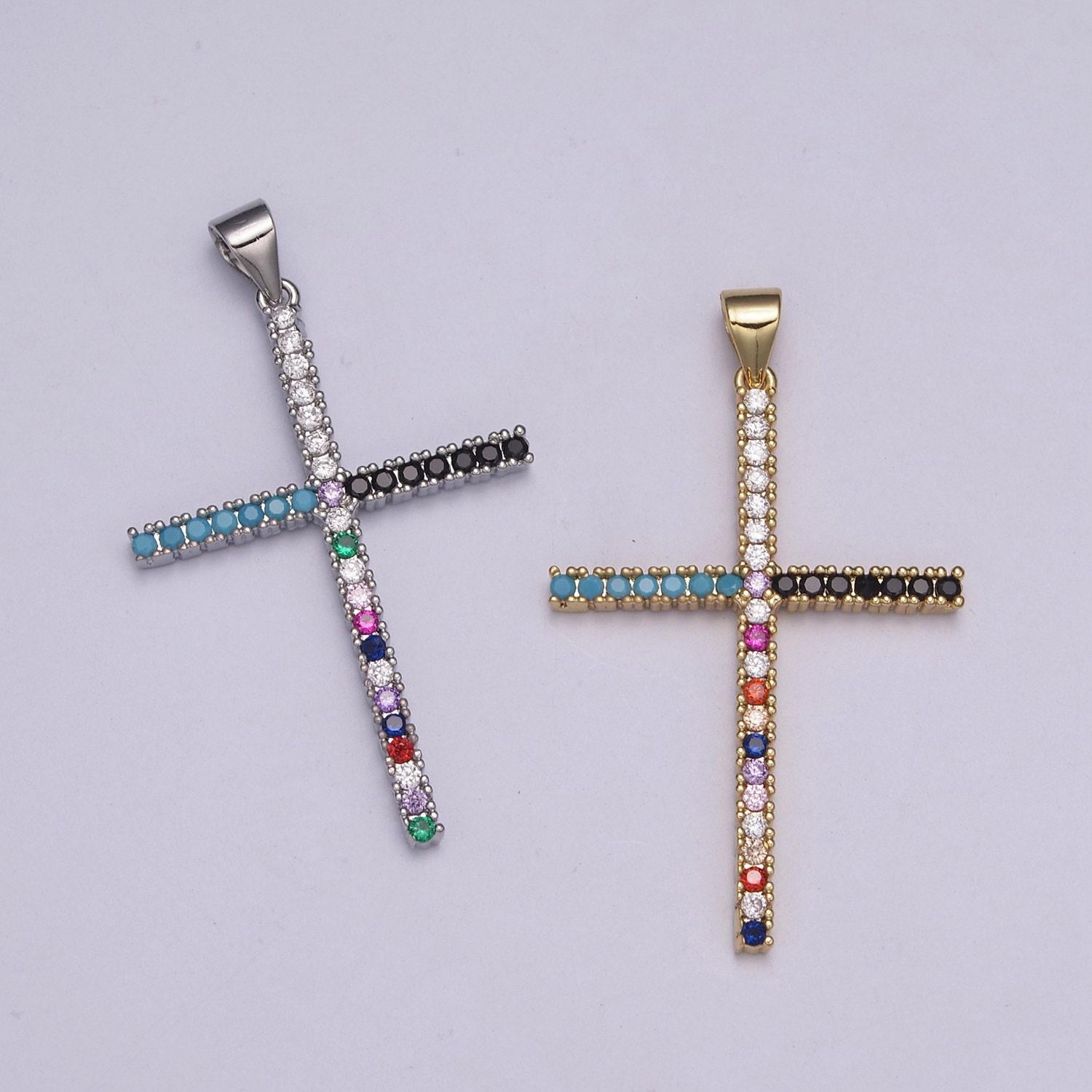Gold minimalist cross multi color micro pave cubic zirconia necklace pendant bracelet earring component for religious jewelry n-515 ~n-516