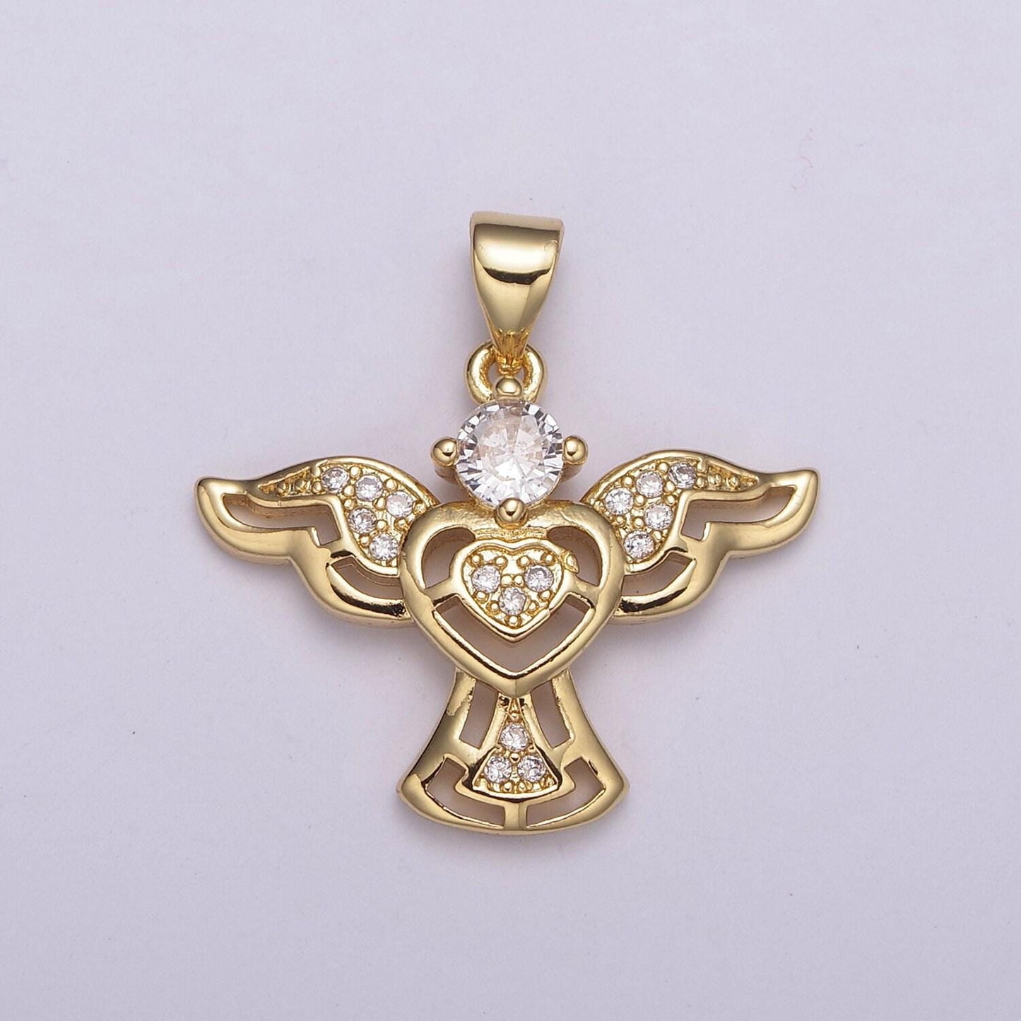 Heart angel flying gold charm cz angel with wing pendant heart center for necklace bracelet earring component n-514