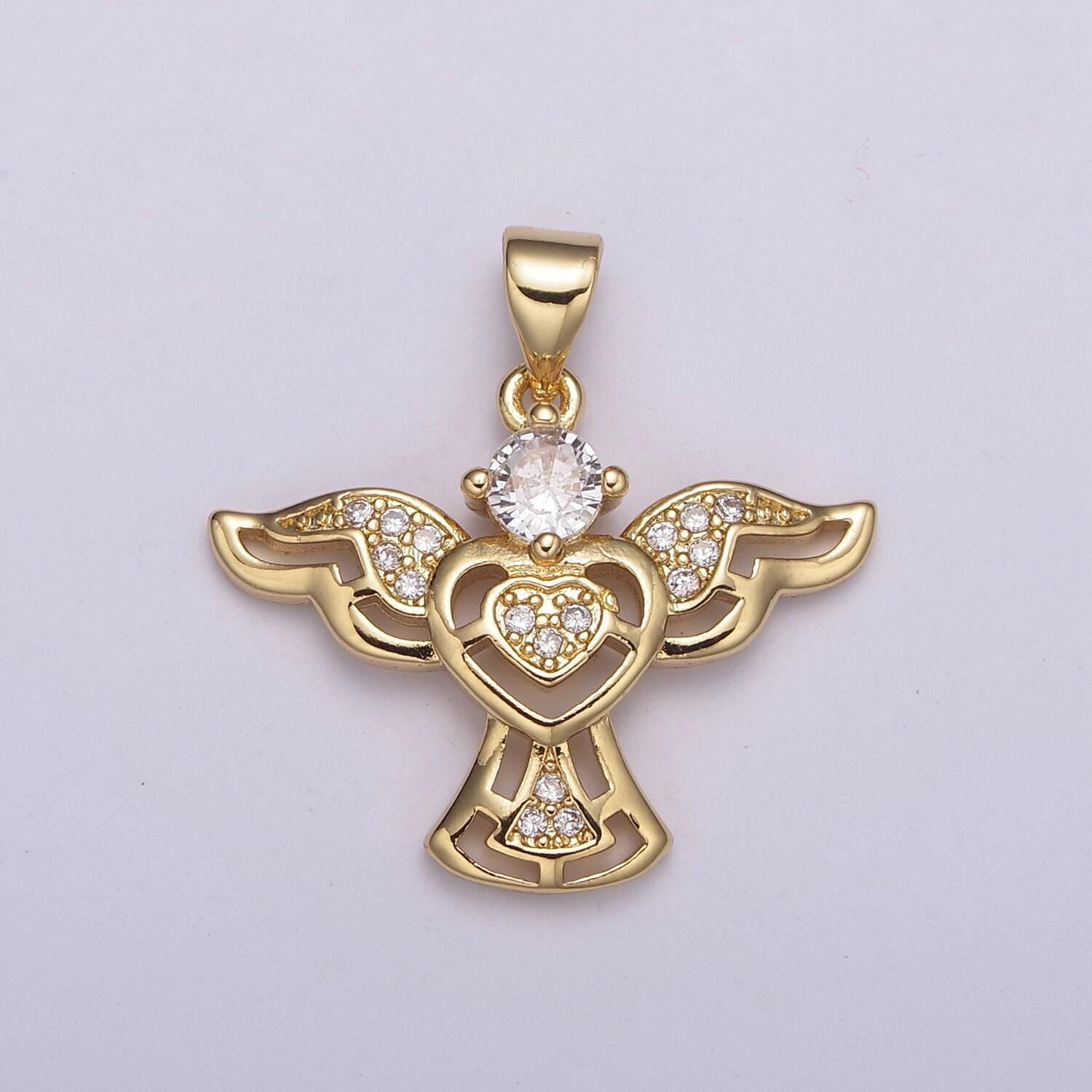 Heart angel flying gold charm cz angel with wing pendant heart center for necklace bracelet earring component n-514