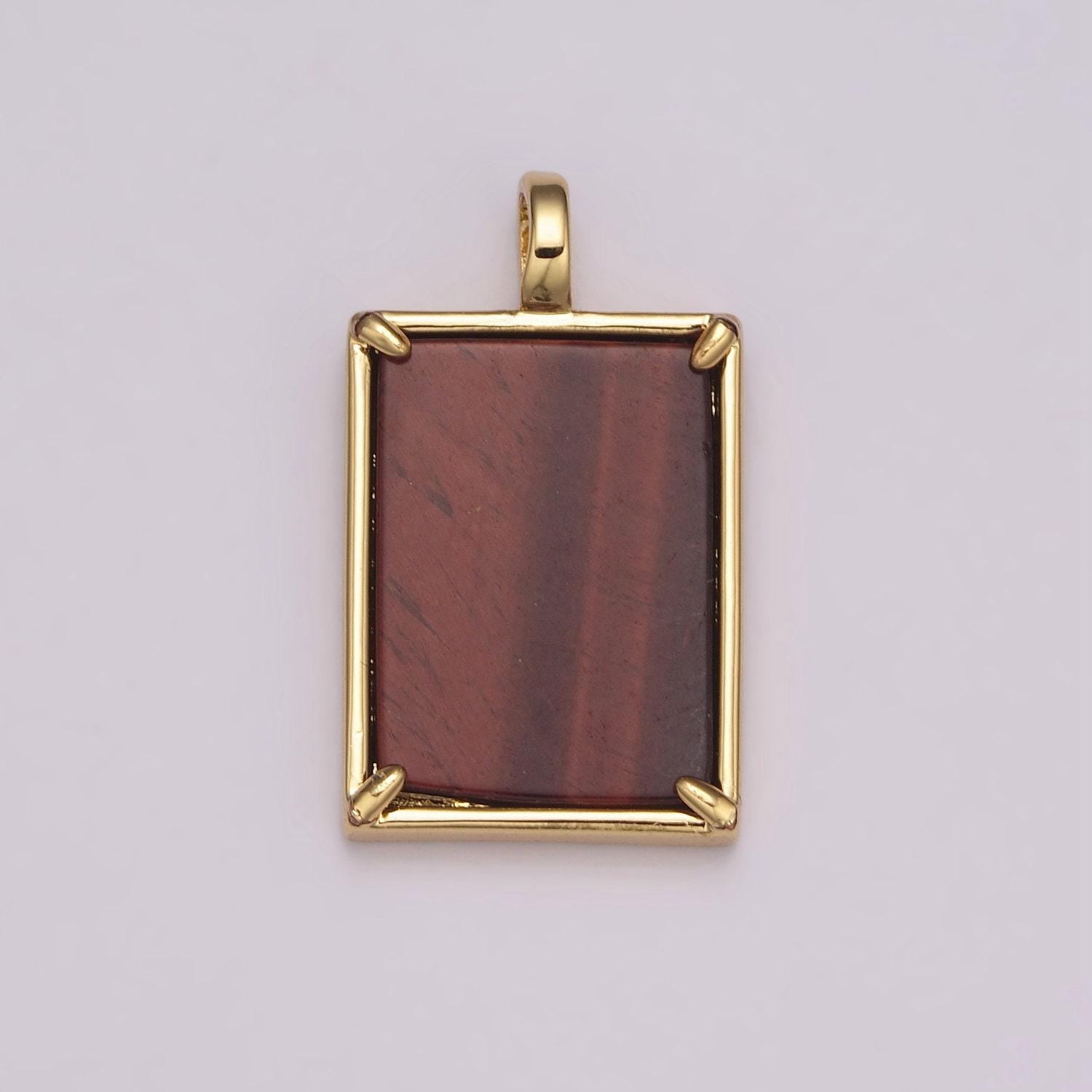 Gold rectangle gemstone medallion pendant tiger eye, carnelian ,green agate for minimalist classic jewelry n-487~n-490