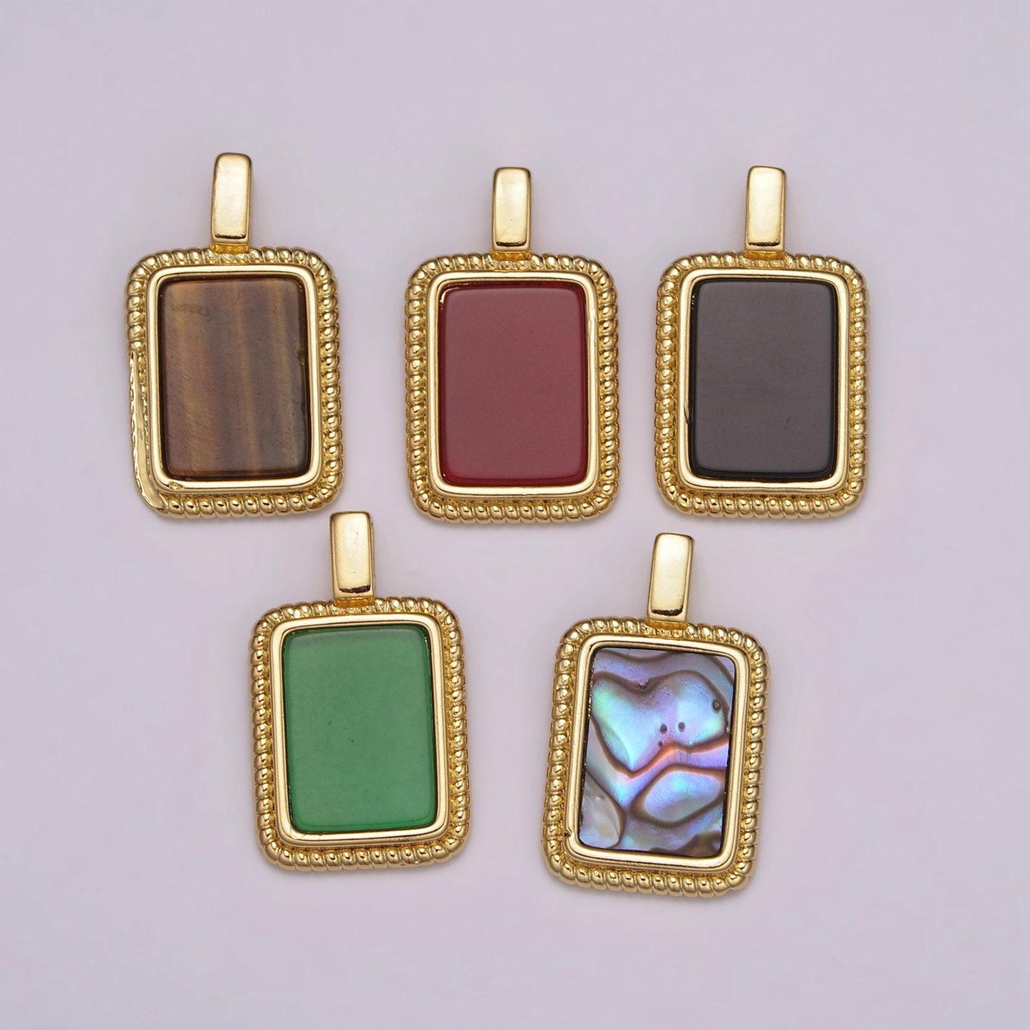 Gold rectangle gemstone medallion pendant abalone,tiger eye, carnelian,onyx,green agate for classic minimalist jewelry n473~n-477