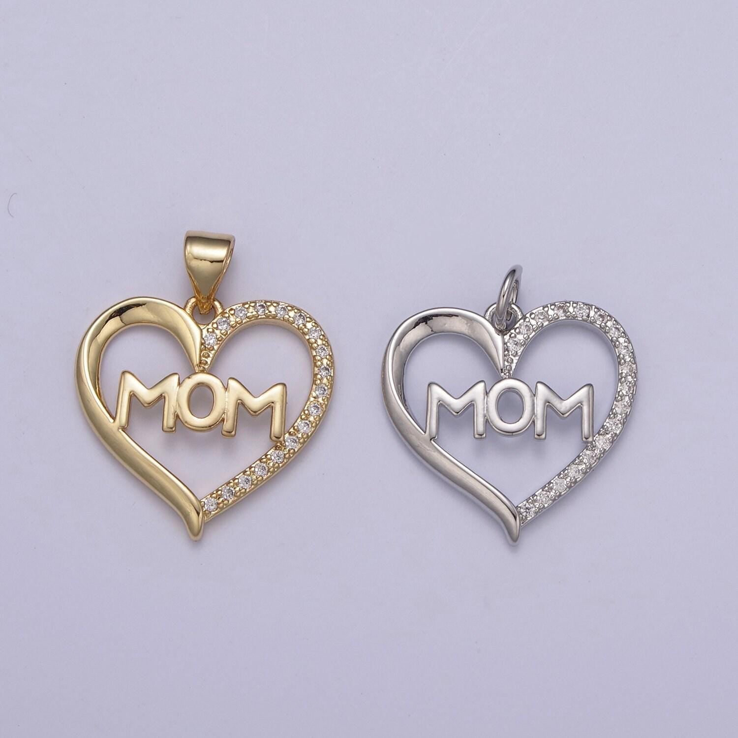 Simple gold filled "mom" heart pendants - love inspired "mom" in gold / silver micro pave cz pendant fordiy earring bracelet necklace supply