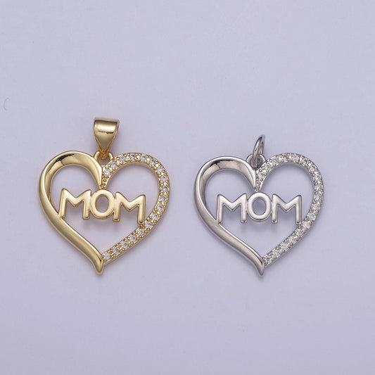 Simple gold filled "mom" heart pendants - love inspired "mom" in gold / silver micro pave cz pendant fordiy earring bracelet necklace supply