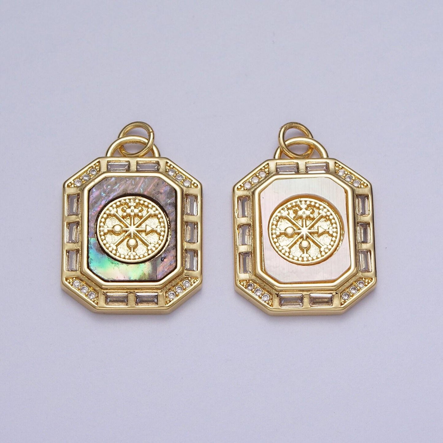24k gold filled octagon pendant necklace, dainty tag, rectangular baguette cz charm shell pearl abalone supply gold compass adventure c209