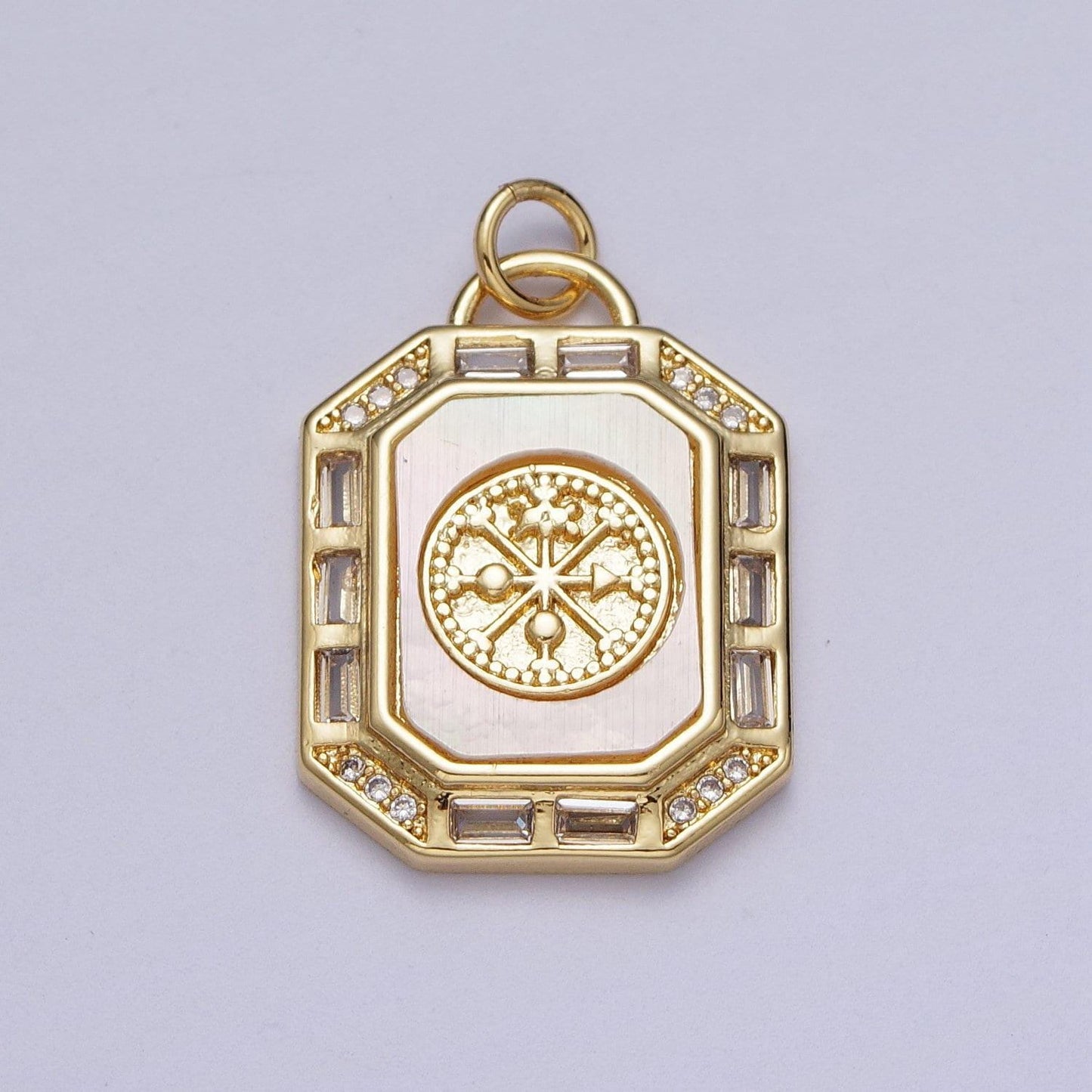 24k gold filled octagon pendant necklace, dainty tag, rectangular baguette cz charm shell pearl abalone supply gold compass adventure c209