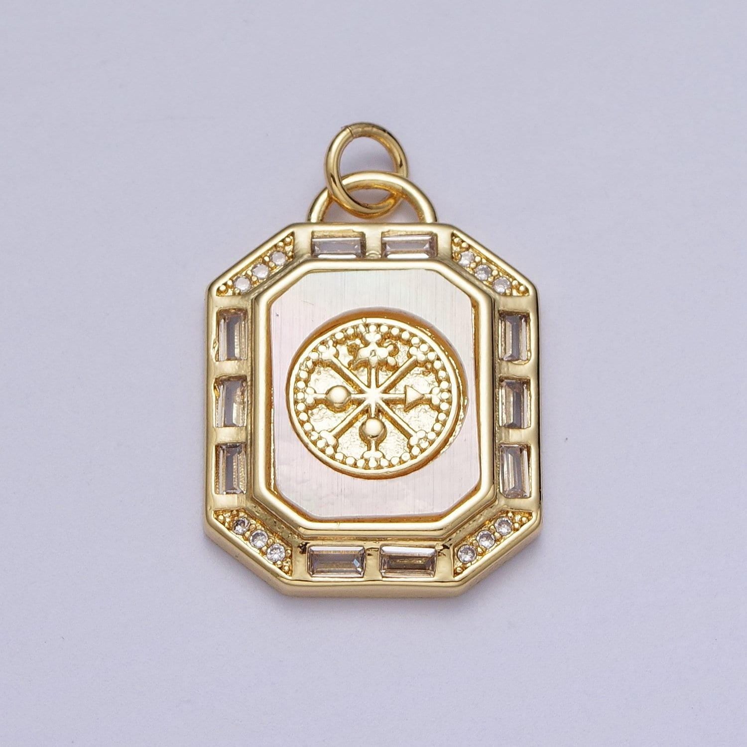 24k gold filled octagon pendant necklace, dainty tag, rectangular baguette cz charm shell pearl abalone supply gold compass adventure c209