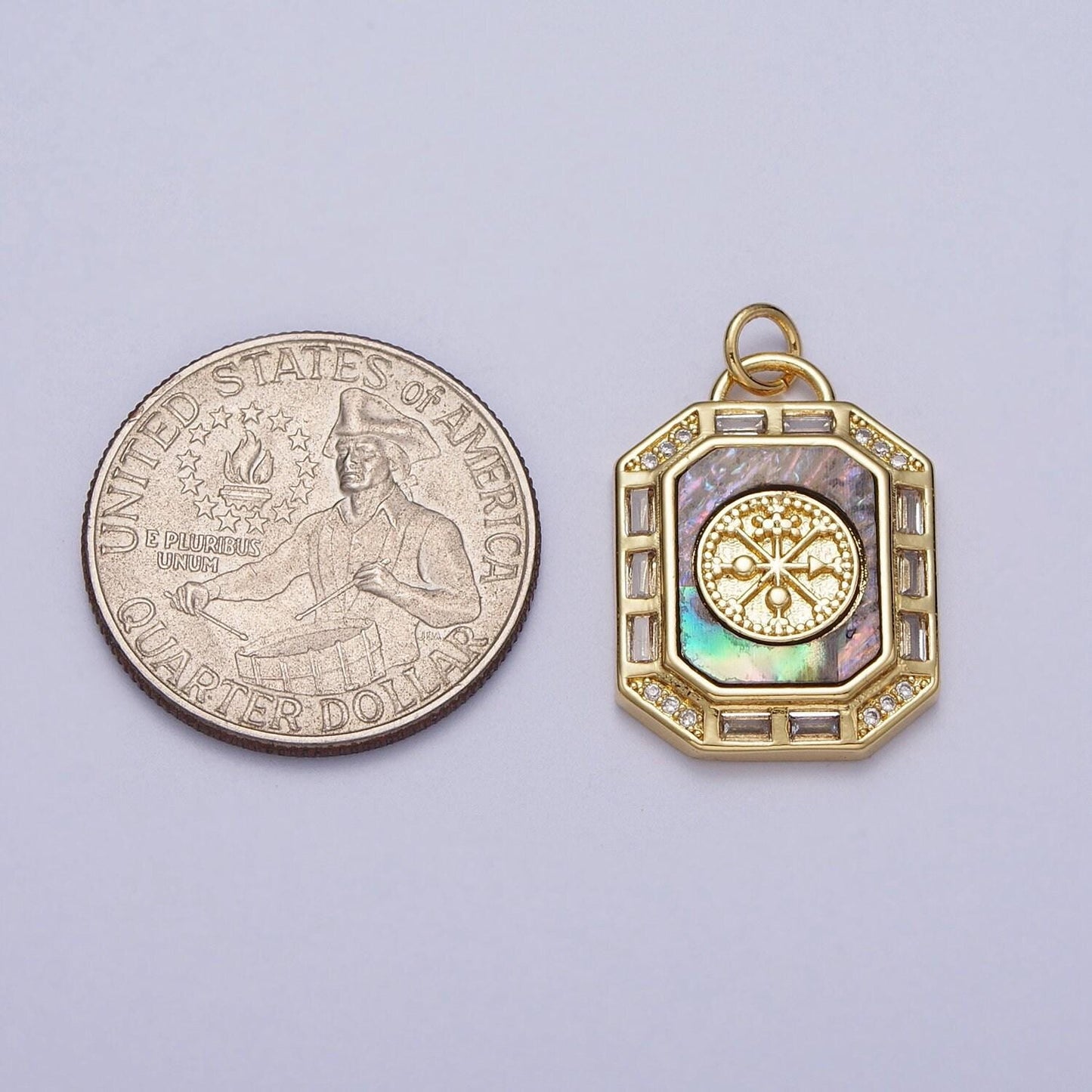 24k gold filled octagon pendant necklace, dainty tag, rectangular baguette cz charm shell pearl abalone supply gold compass adventure c209
