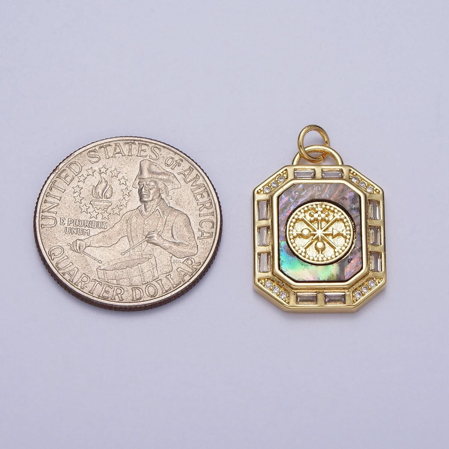 24k gold filled octagon pendant necklace, dainty tag, rectangular baguette cz charm shell pearl abalone supply gold compass adventure c209