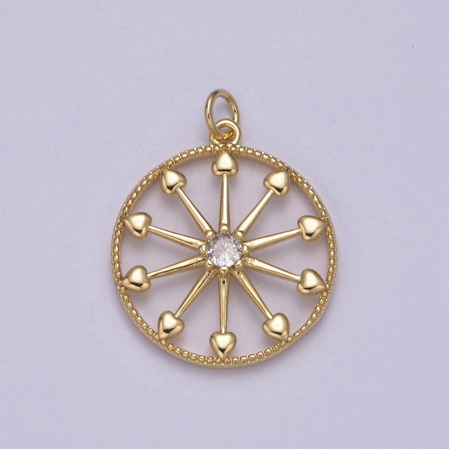 Heart gold wheel micro pave cz charm - cubic zirconia pioneer wagon ferris wheel wholesale charms n-389