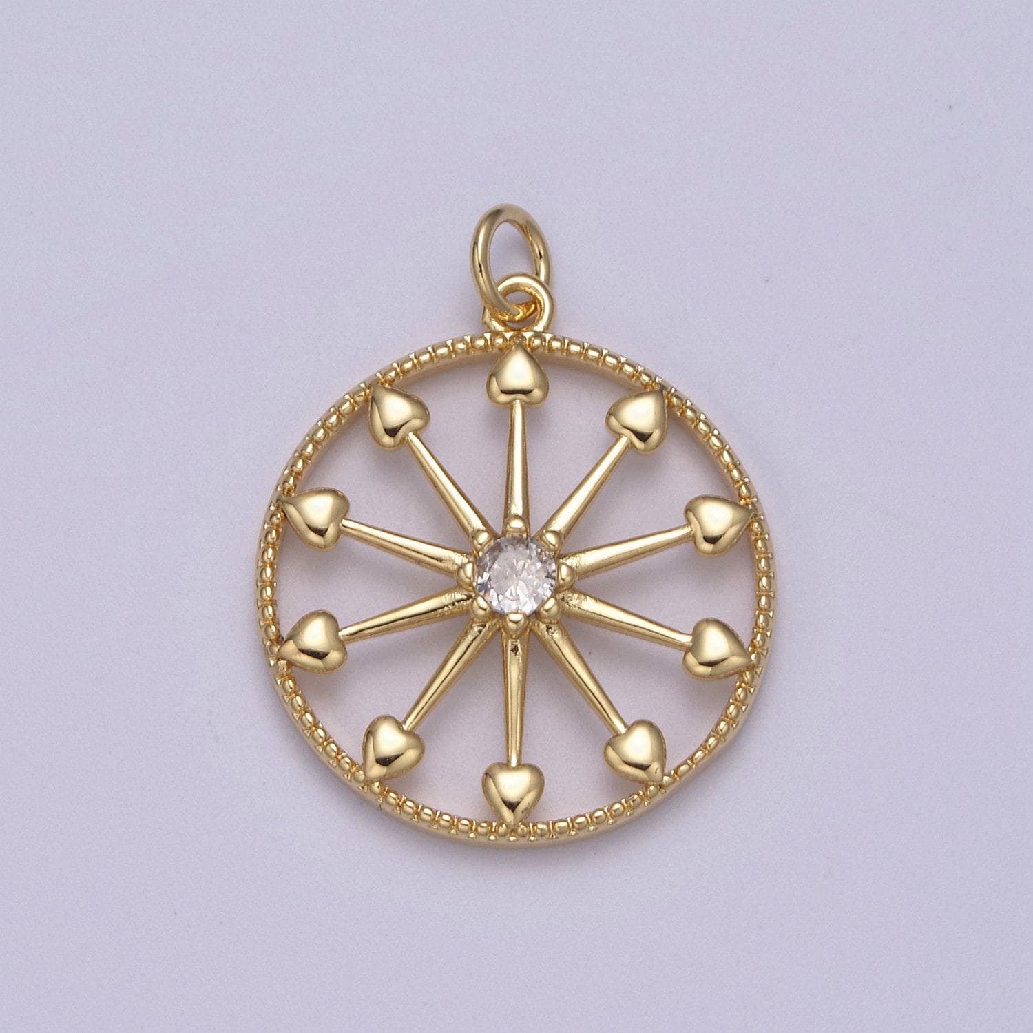 Heart gold wheel micro pave cz charm - cubic zirconia pioneer wagon ferris wheel wholesale charms n-389