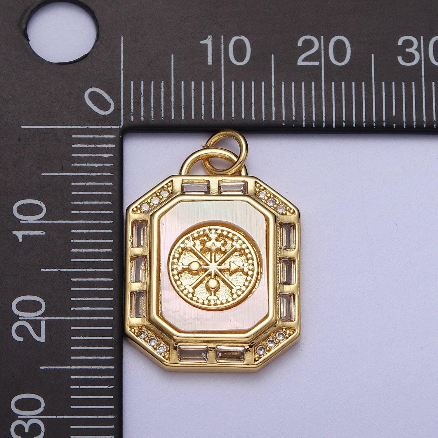24k gold filled octagon pendant necklace, dainty tag, rectangular baguette cz charm shell pearl abalone supply gold compass adventure c209