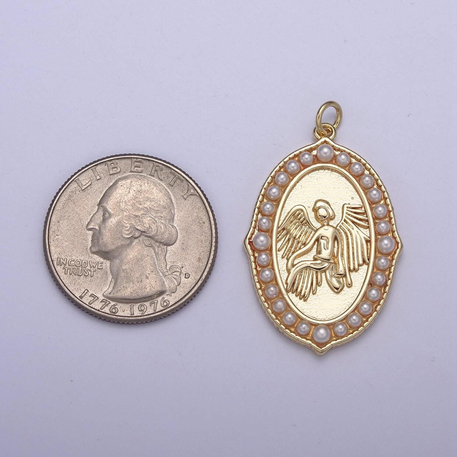 Dainty gold filled angel pendant medallion pearl charm for necklace n-367
