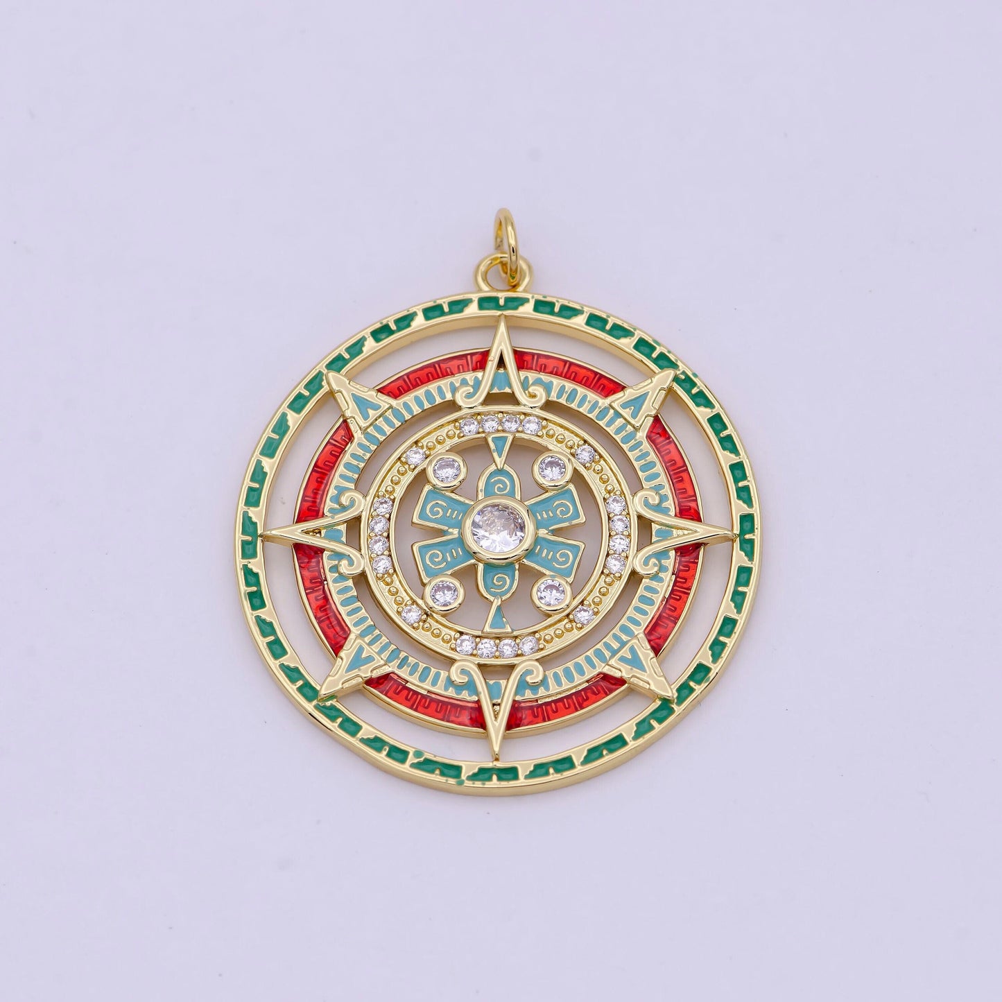 Gold filled compass medallion pendant charm for statement jewelry necklace, diy fashion jewelry making | n-366