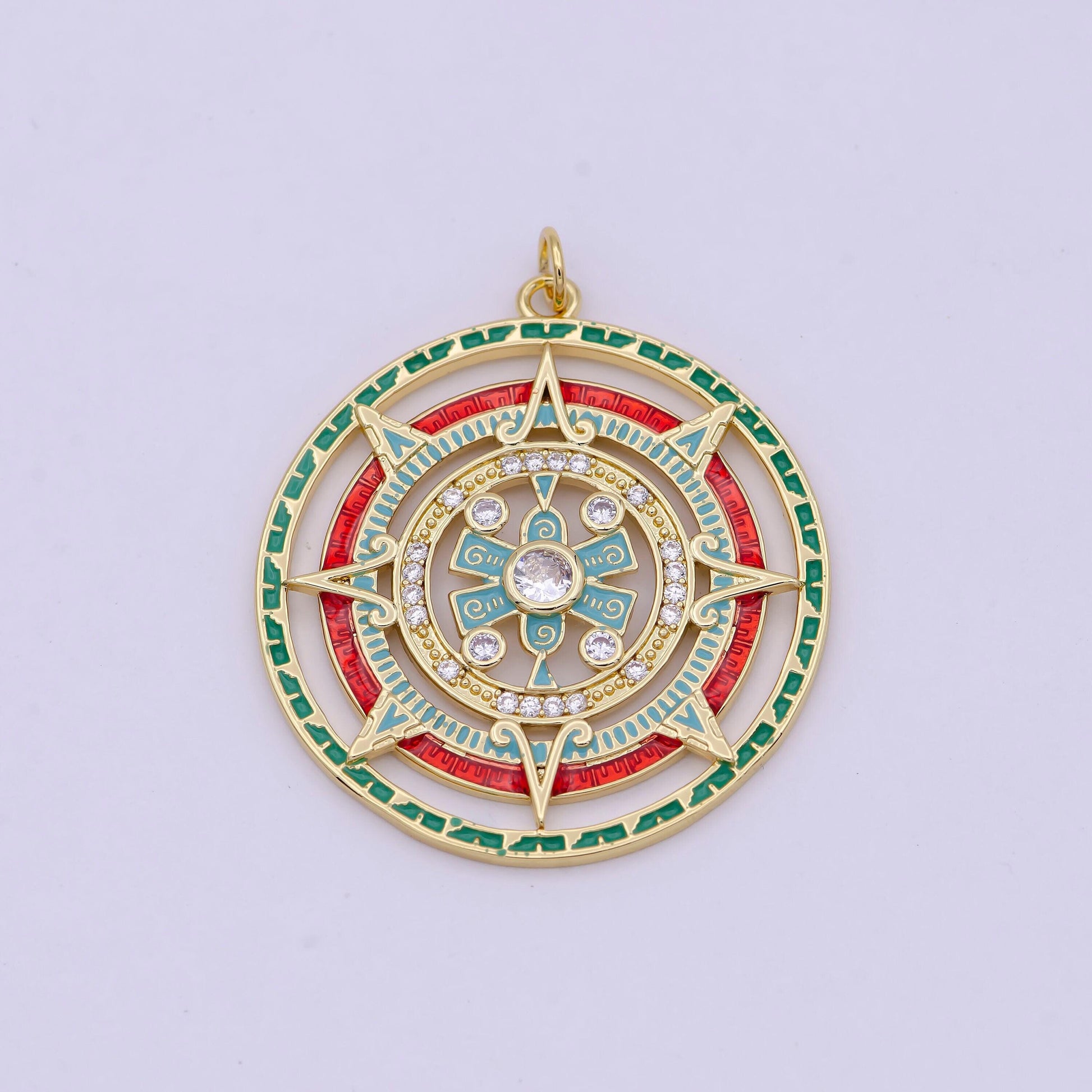 Gold filled compass medallion pendant charm for statement jewelry necklace, diy fashion jewelry making | n-366