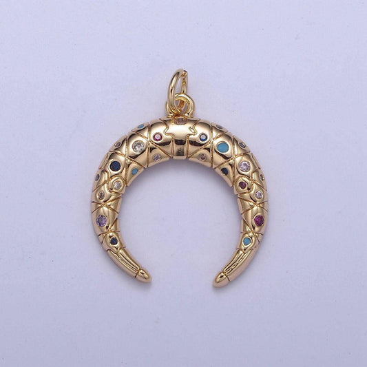 Crescent moon charm 16k gold filled double horn pendant necklace, celestial jewelry, half moon tusk upside down tusk with cz stone n-356