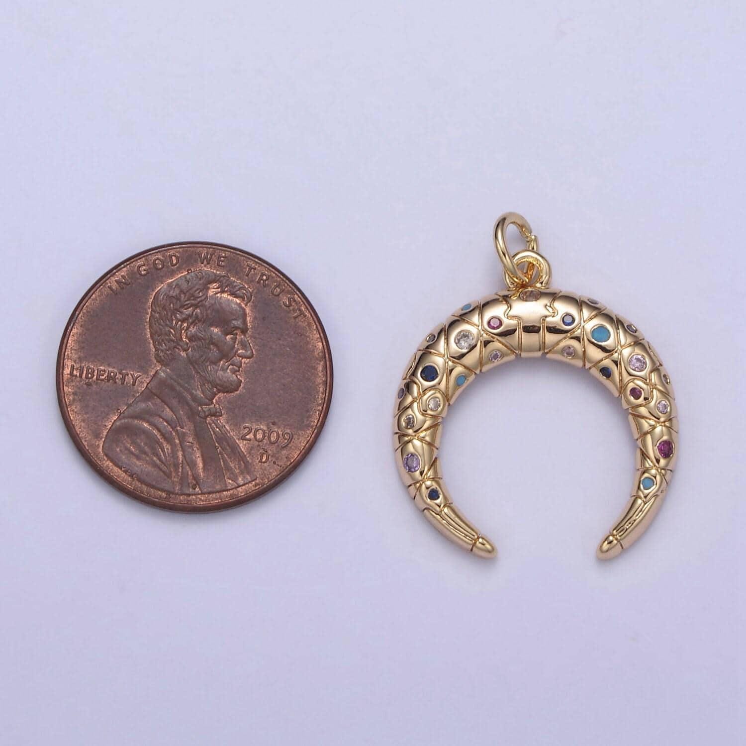 Crescent moon charm 16k gold filled double horn pendant necklace, celestial jewelry, half moon tusk upside down tusk with cz stone n-356