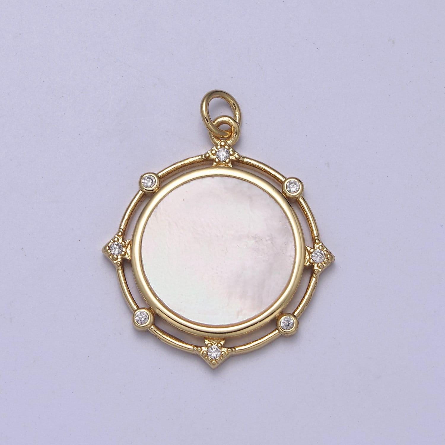 14k gold filled micro cz pave coin charm with shell pearl medallion pendant for necklace n-344