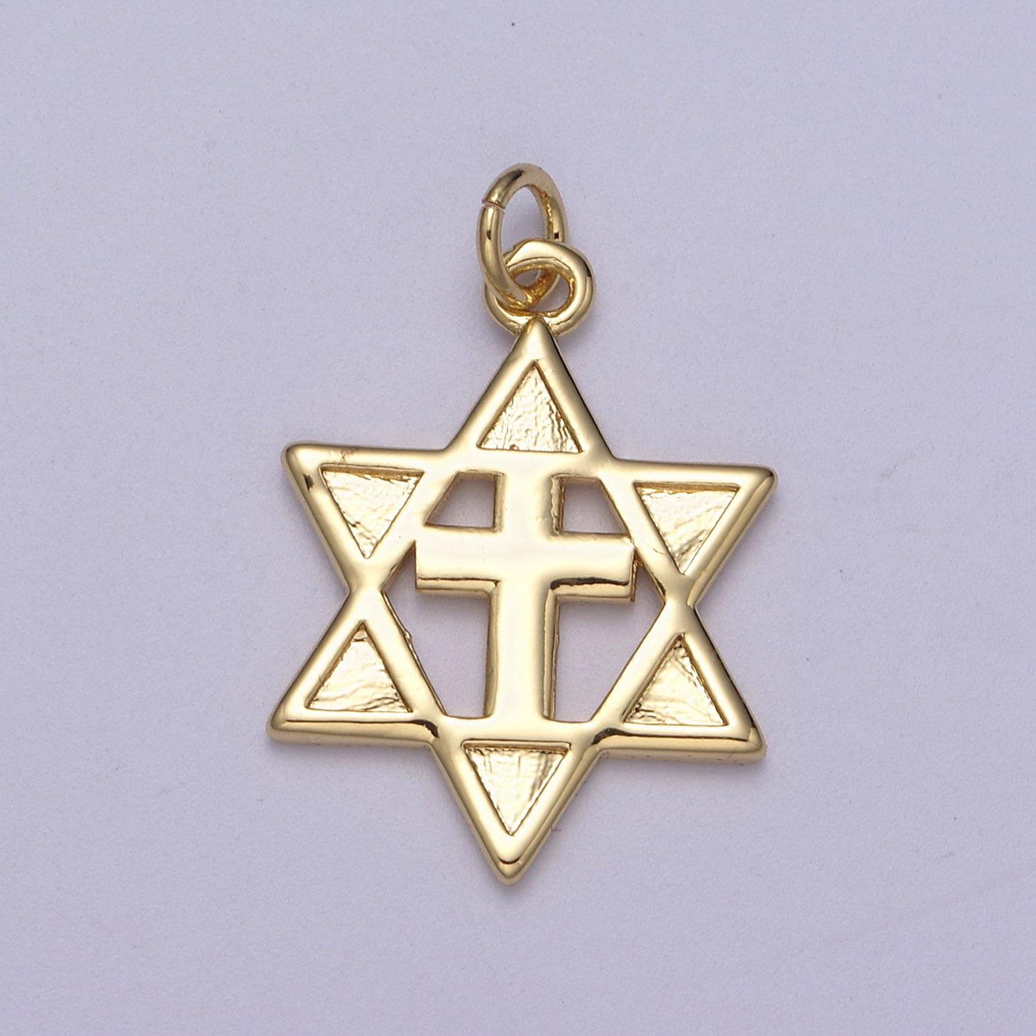 Gold star of david cross pendant, solid magen david jewish star jewelry n-339
