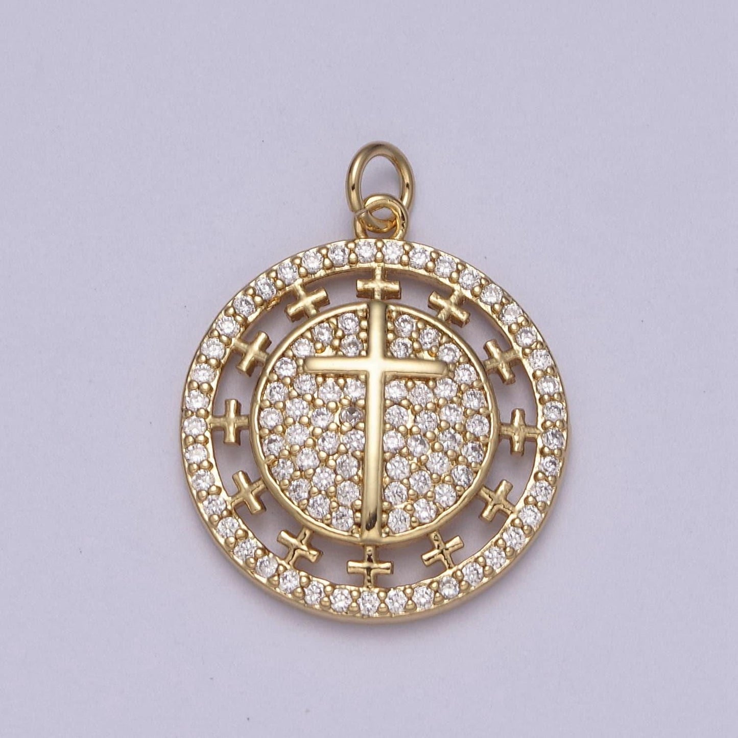 Dainty cubic cross round coin medallion pendant in gold catholic charms religious jewelry n-338