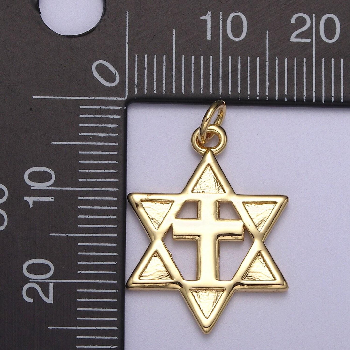 Gold star of david cross pendant, solid magen david jewish star jewelry n-339