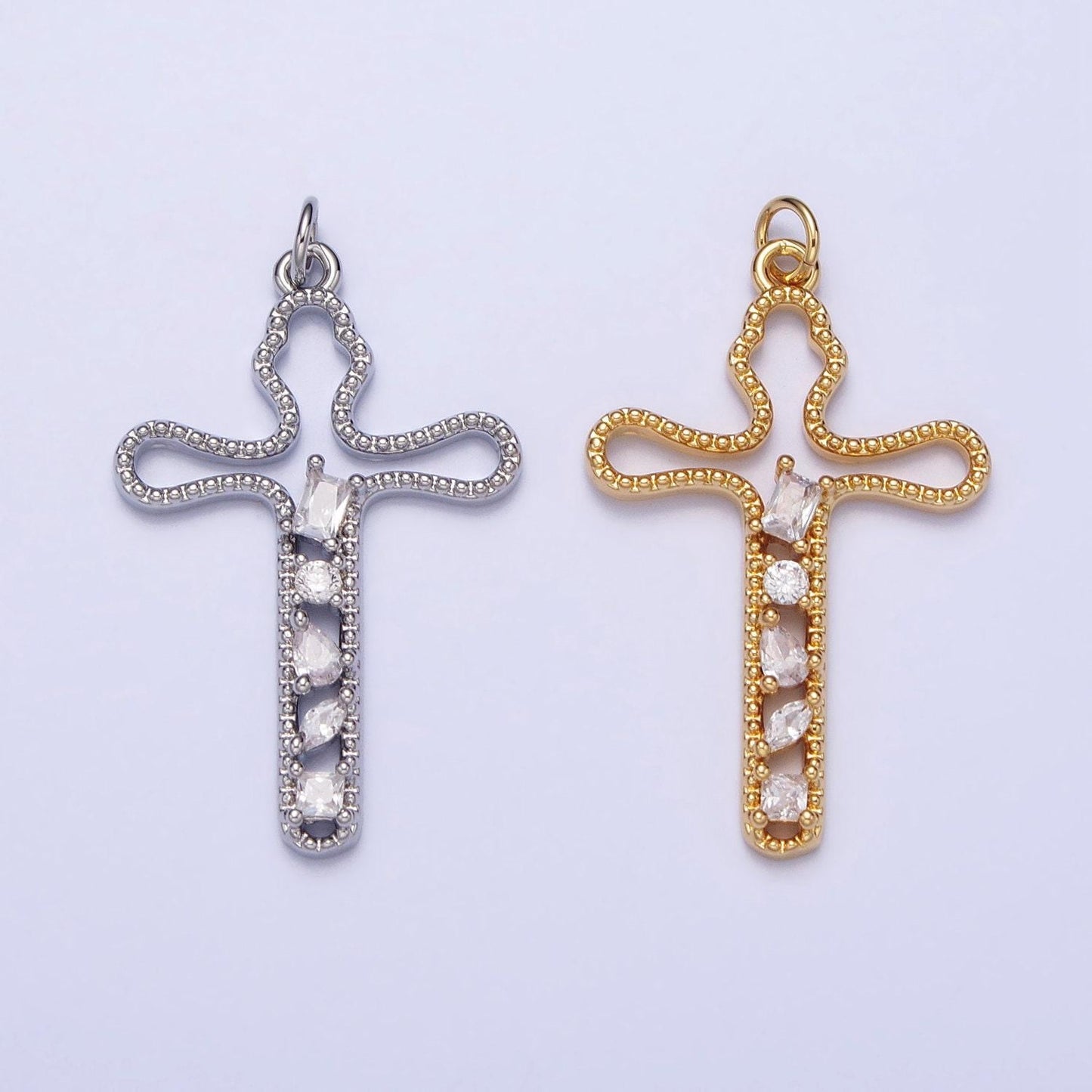 Gold, silver religious beaded abstract wiggly cross clear cz cubic zirconia charm | e417 n279