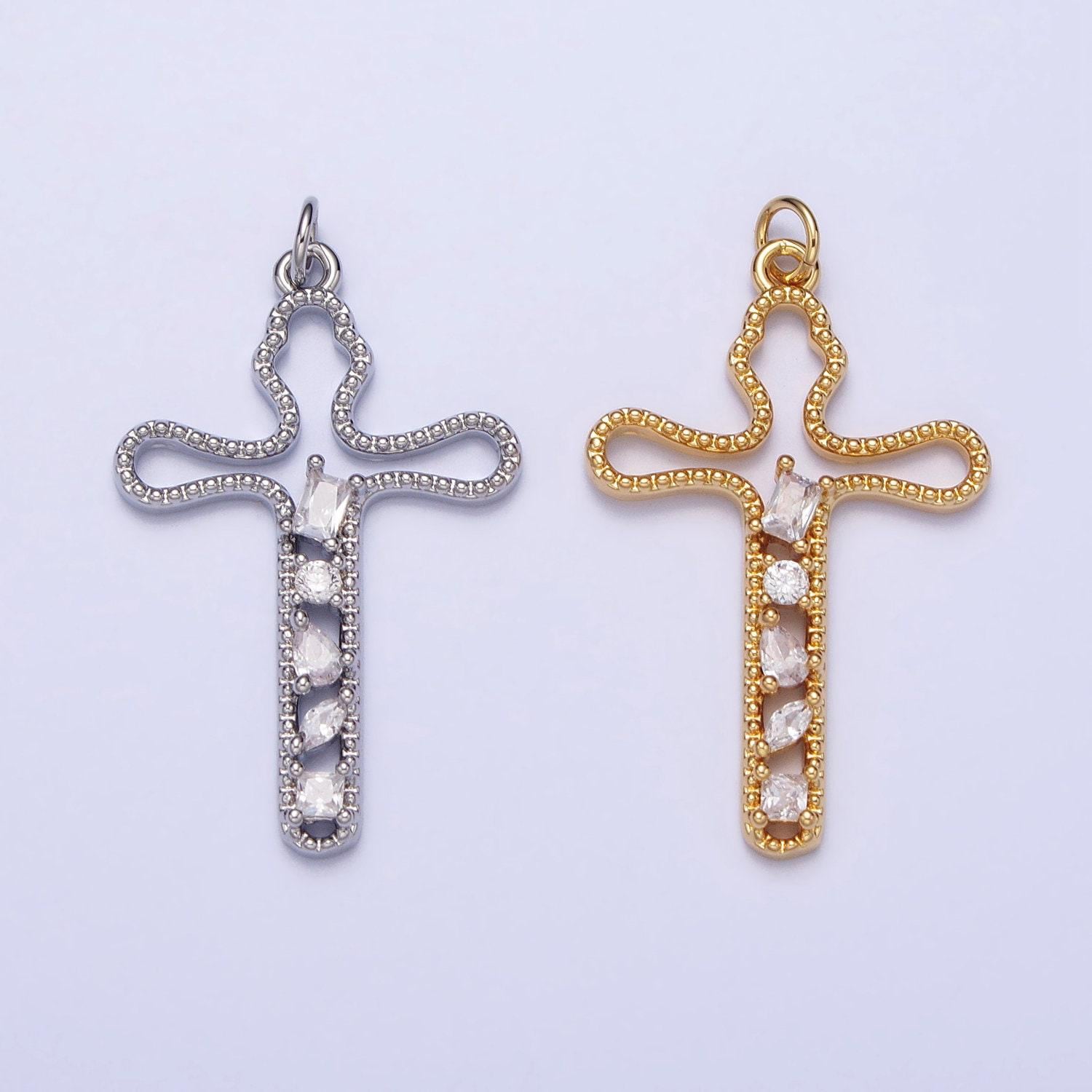 Gold, silver religious beaded abstract wiggly cross clear cz cubic zirconia charm | e417 n279