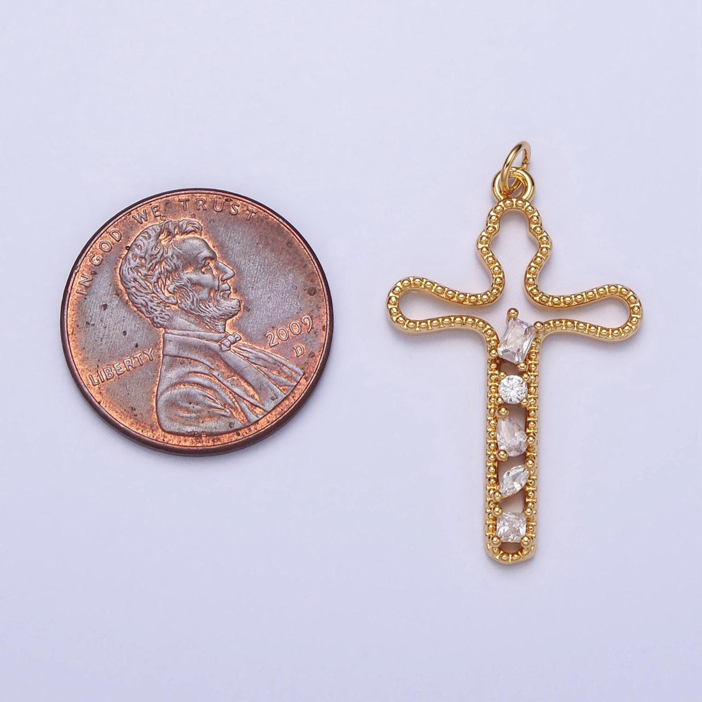 Gold, silver religious beaded abstract wiggly cross clear cz cubic zirconia charm | e417 n279