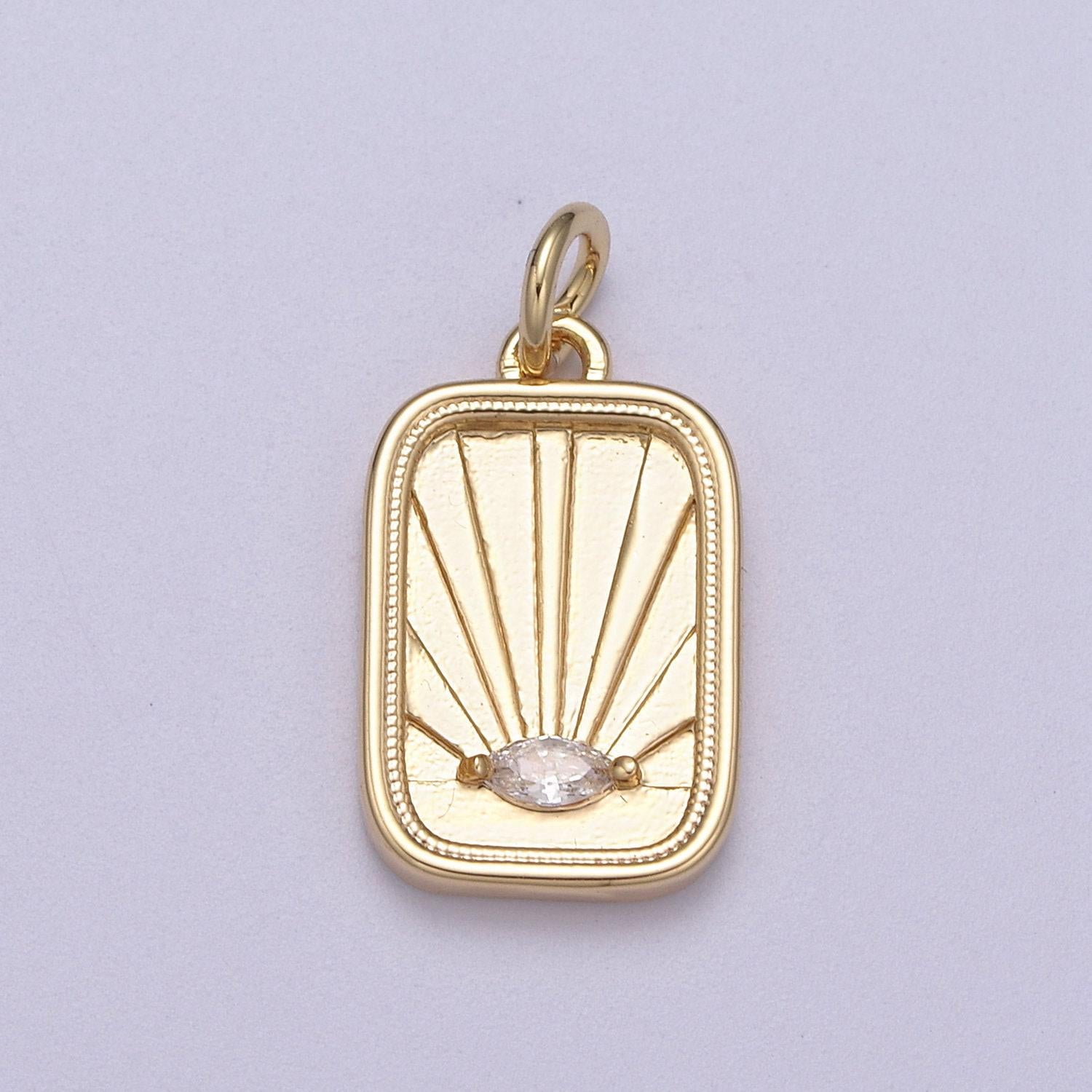 Cz micro pave evil eye on rectangle shape pendant, 16k gold filled sunburst charm, necklace bracelet earring supply n-274
