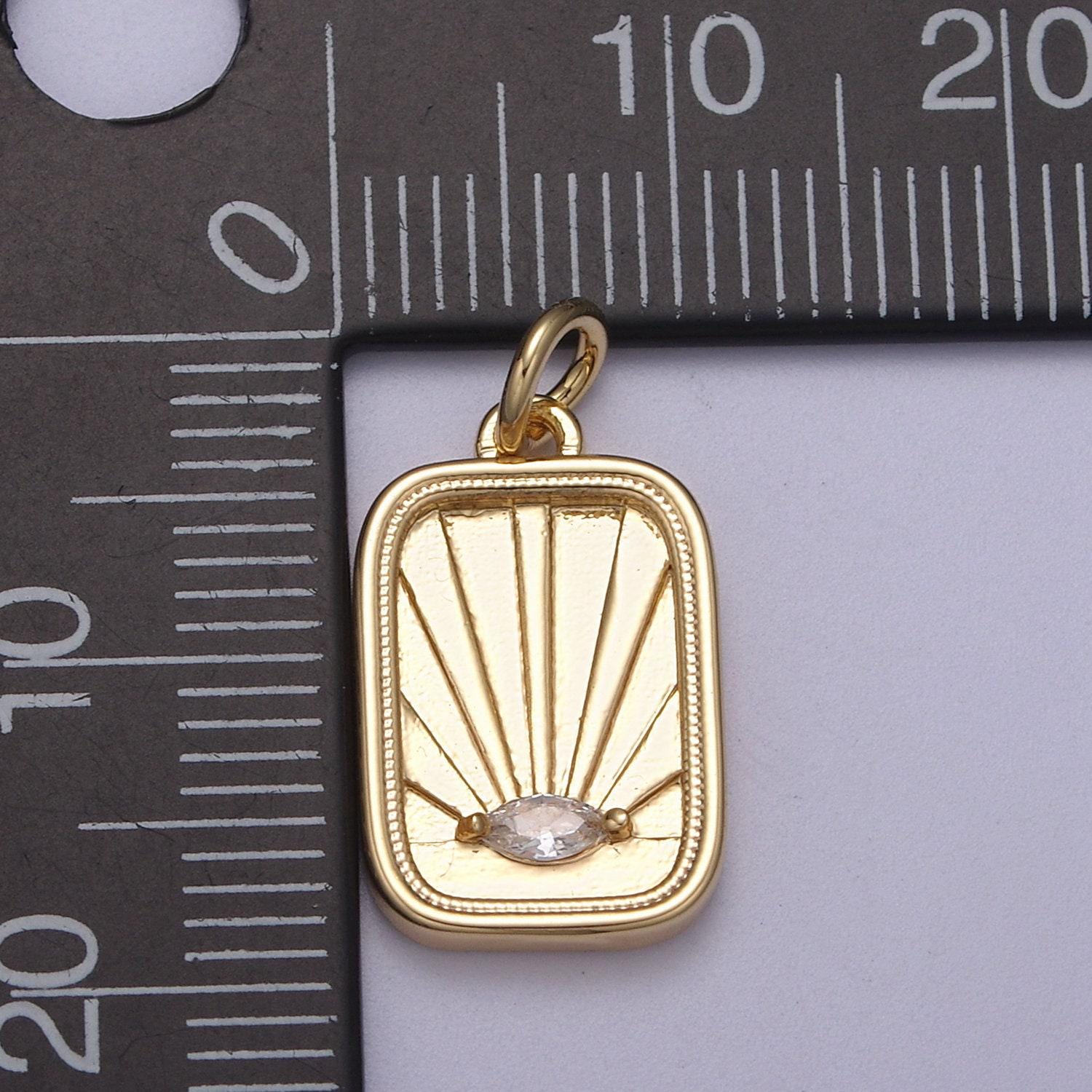 Cz micro pave evil eye on rectangle shape pendant, 16k gold filled sunburst charm, necklace bracelet earring supply n-274