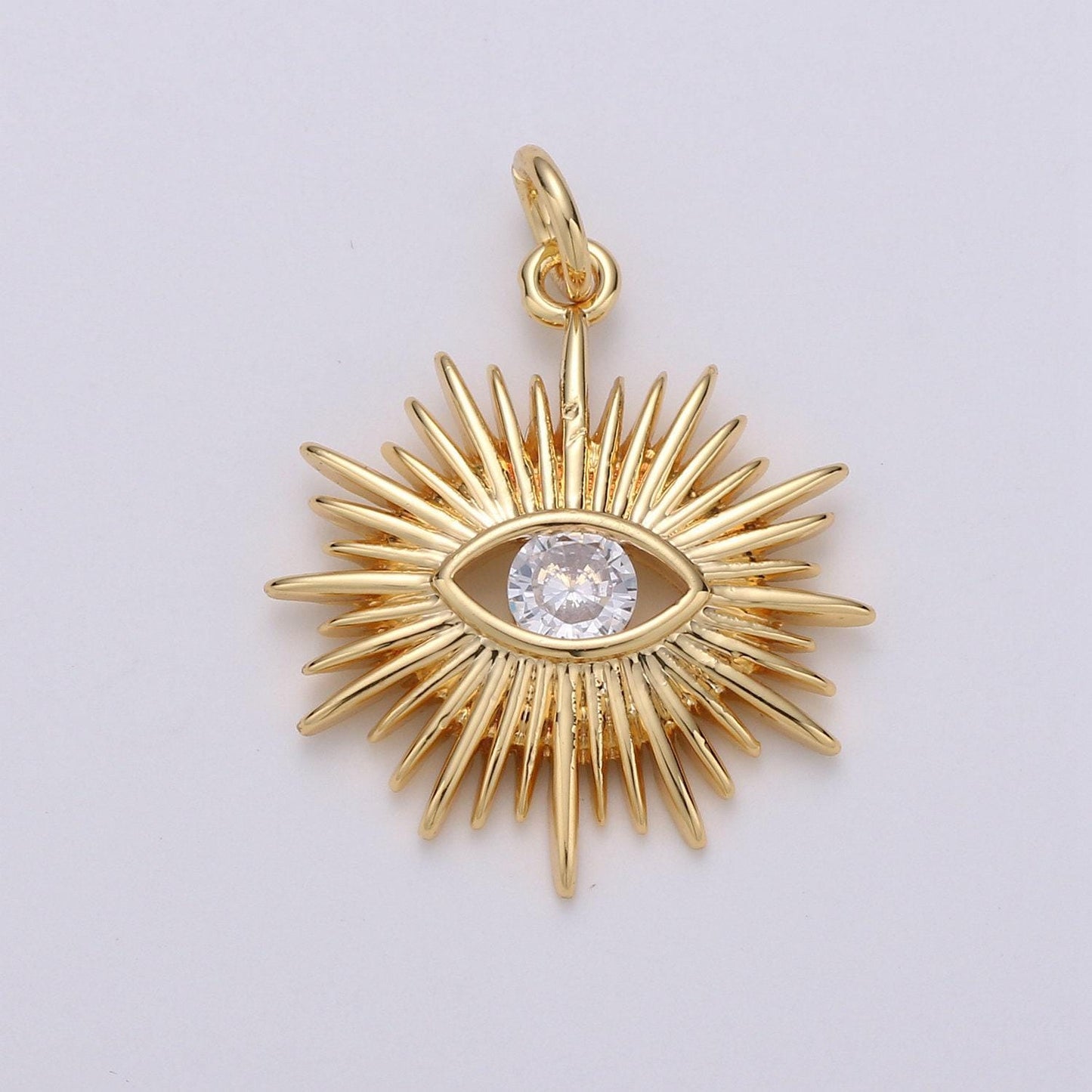 24k gold filled evil eye,cz solitaire evil eye charm, clear cz gold evil eye charm, sun burst jewelry supply, e-149, n-246