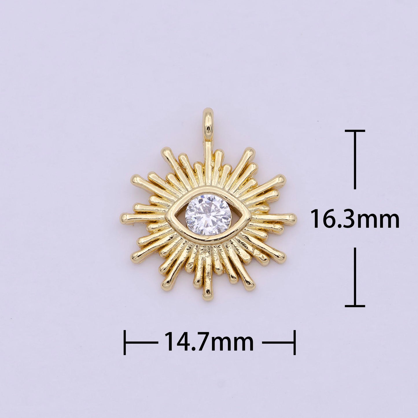 24k gold filled evil eye,cz solitaire evil eye charm, clear cz gold evil eye charm, sun burst jewelry supply, e-149, n-246